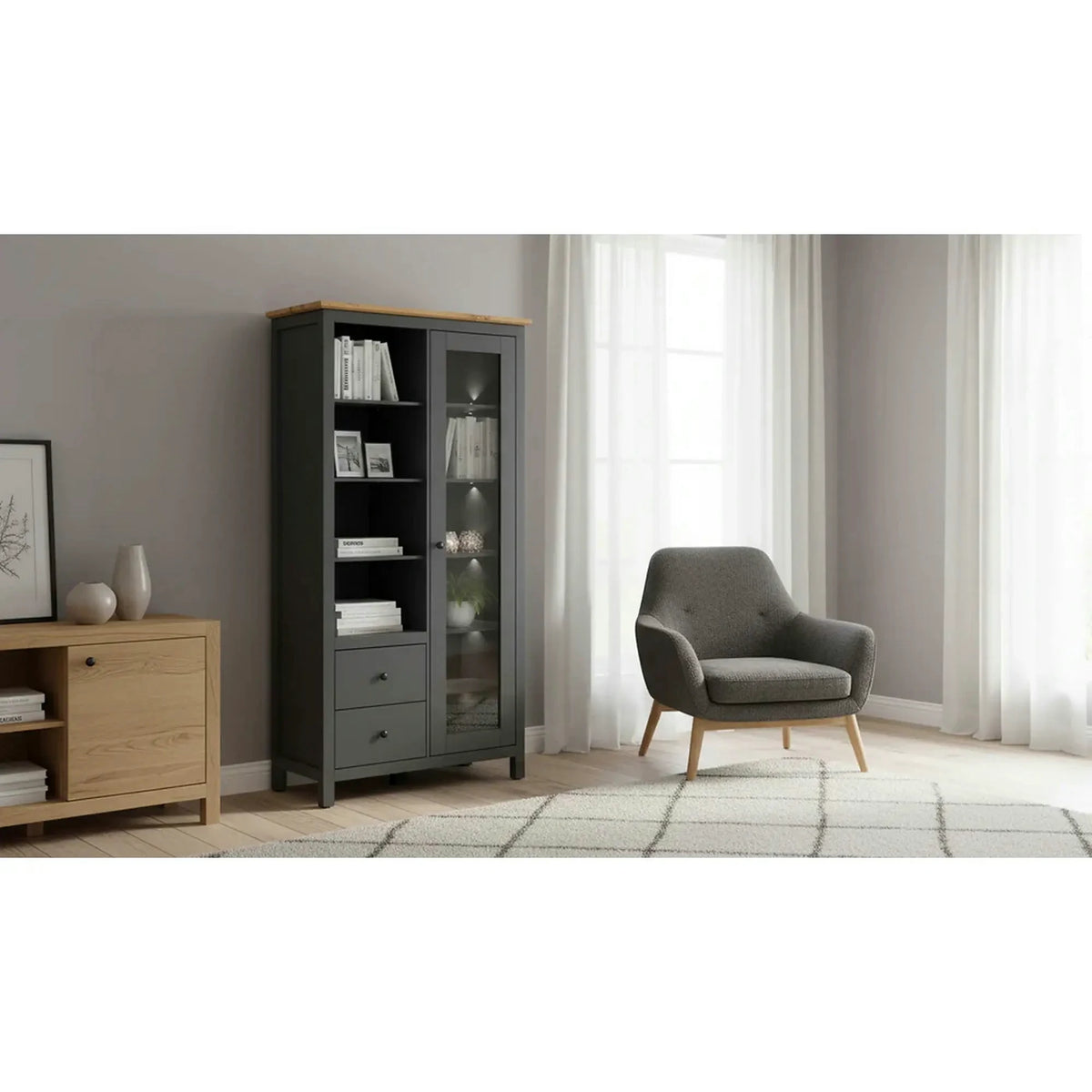 Vitrina HESEN, gri grafit/stejar artisan, PAL melaminat/sticla securizata, 106x44x203 cm