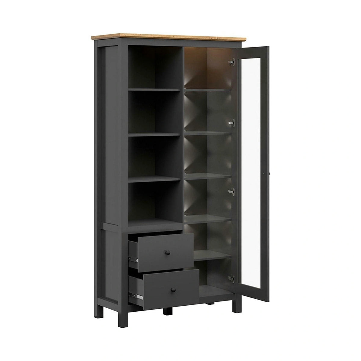 Vitrina HESEN, gri grafit/stejar artisan, PAL melaminat/sticla securizata, 106x44x203 cm