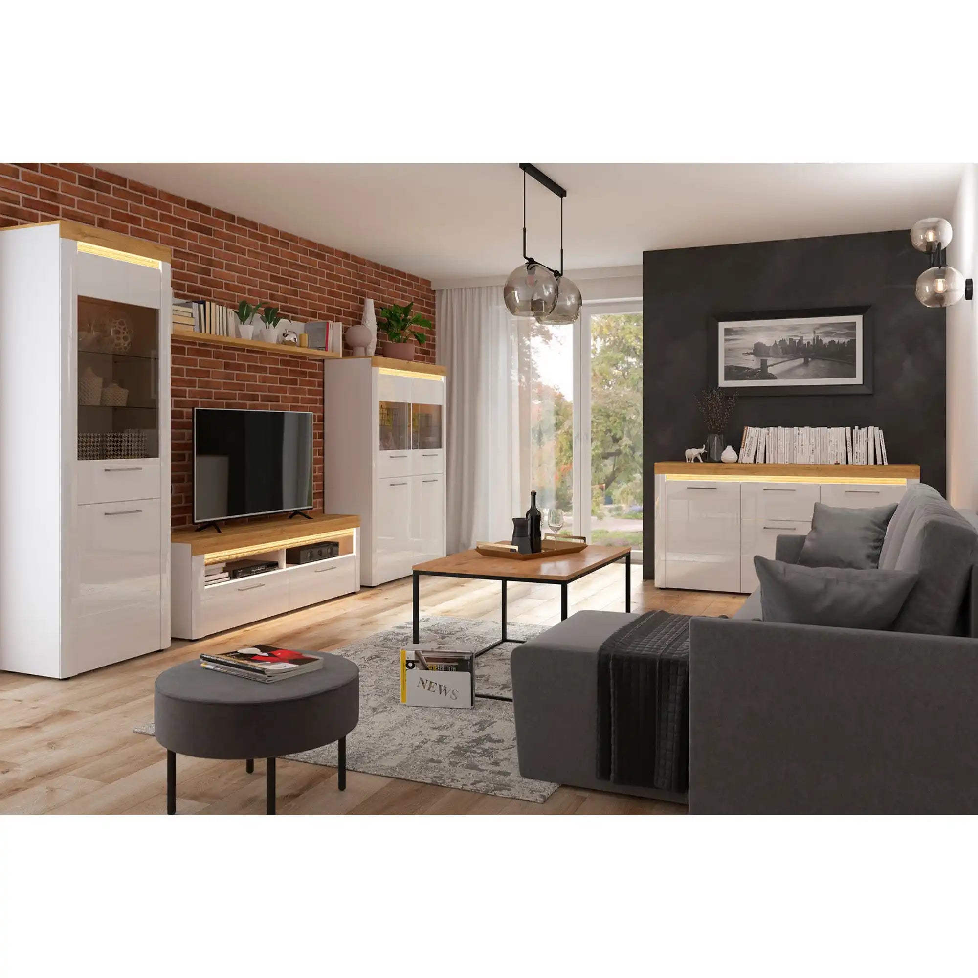 Vitrina HORTON, alb lucios, PAL laminat/sticla, 68x42x205 cm