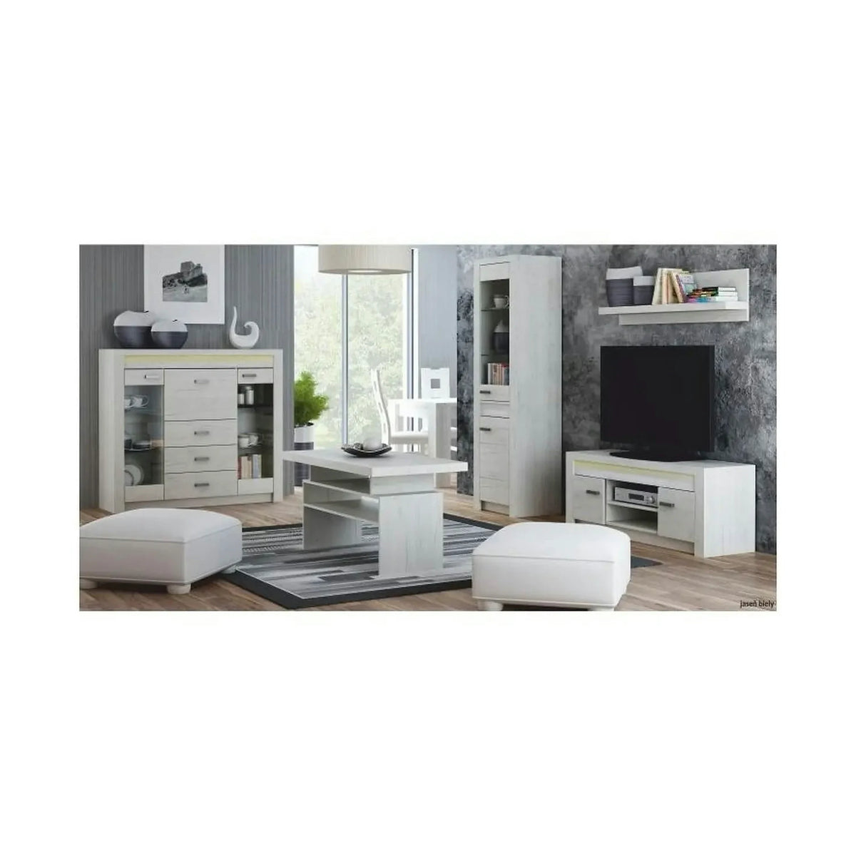 Vitrina INDIANAPOLIS I8, stejar craft alb, PAL laminat, 137x42x122 cm