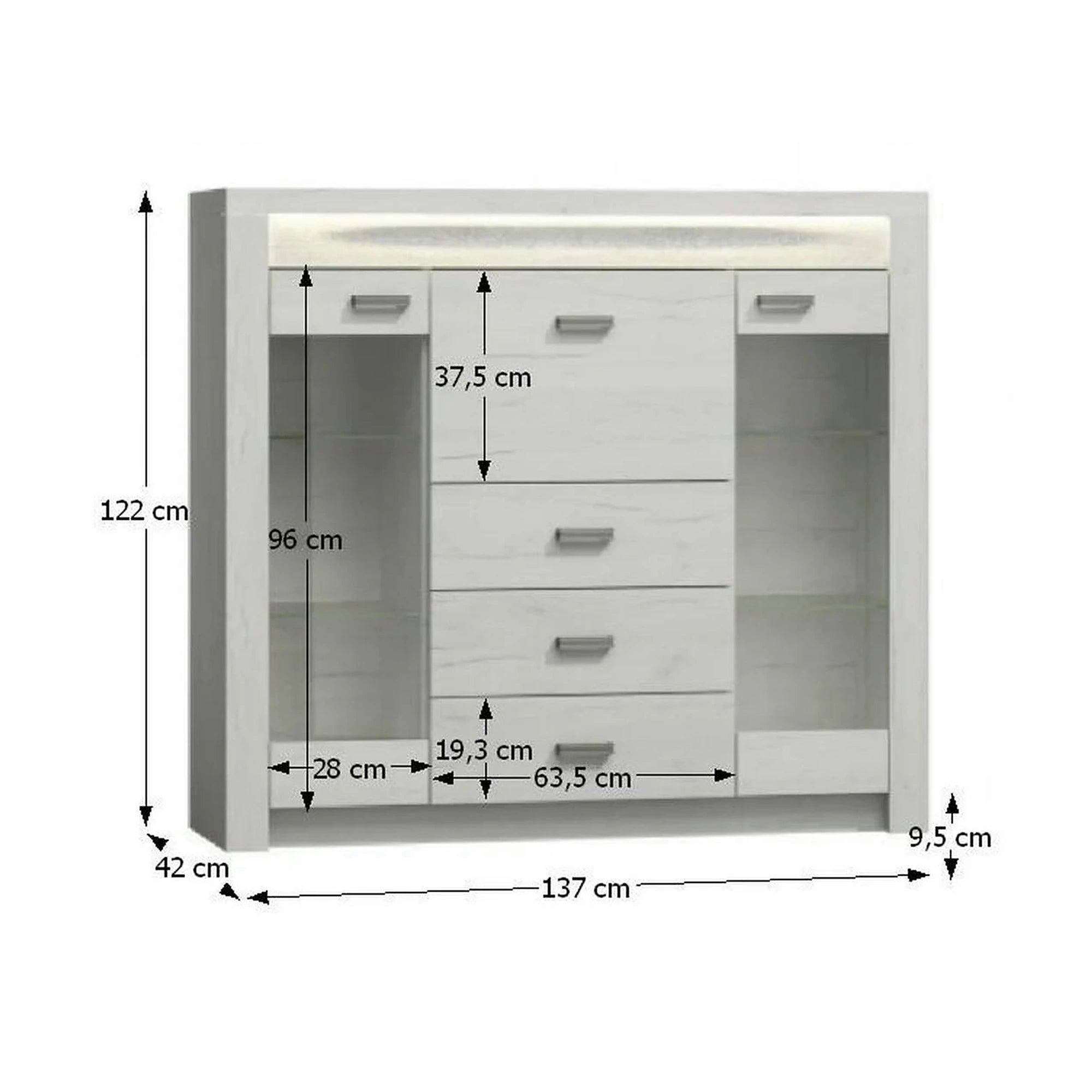 Vitrina INDIANAPOLIS I8, stejar craft alb, PAL laminat, 137x42x122 cm