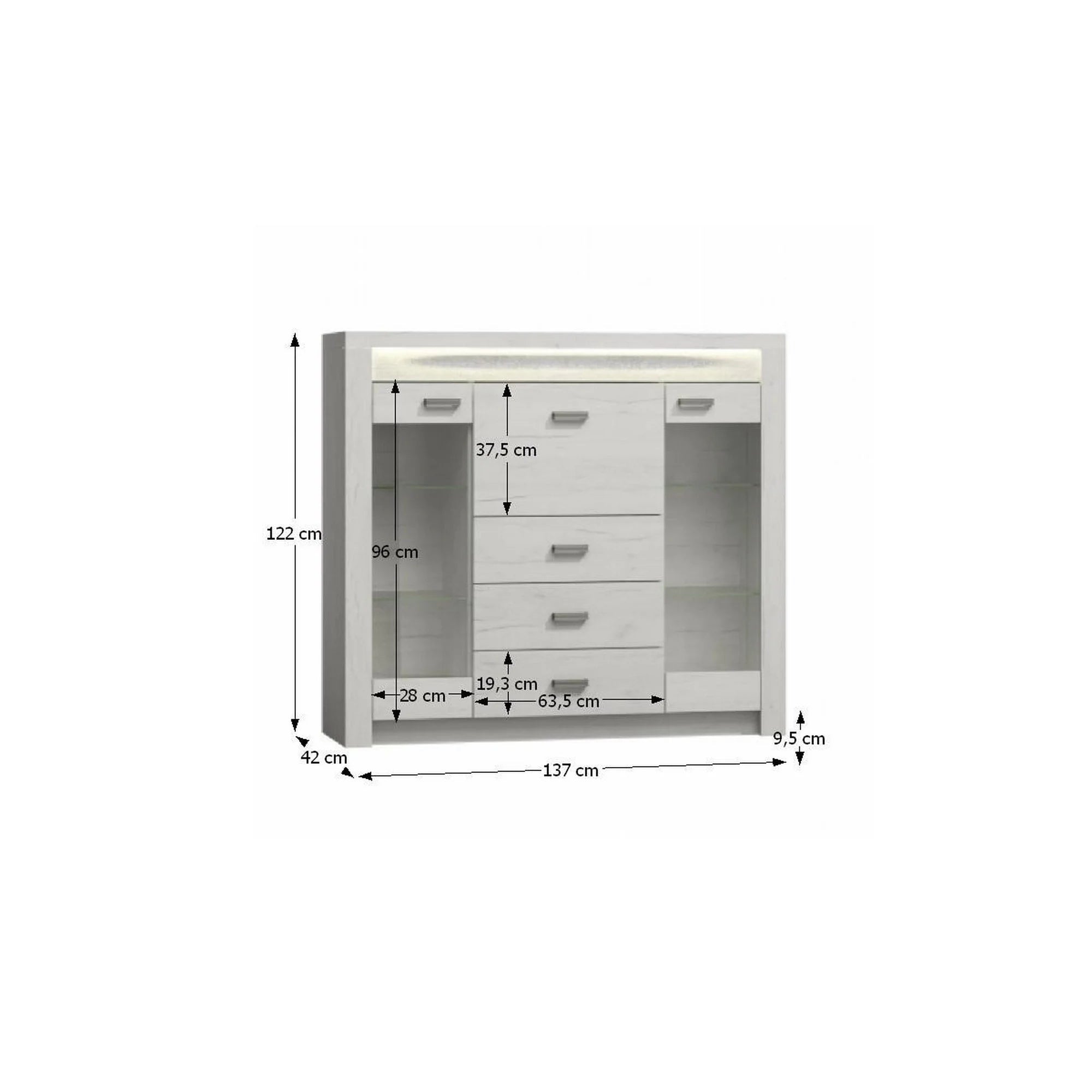 Vitrina INDIANAPOLIS I8, stejar craft alb, PAL laminat, 137x42x122 cm