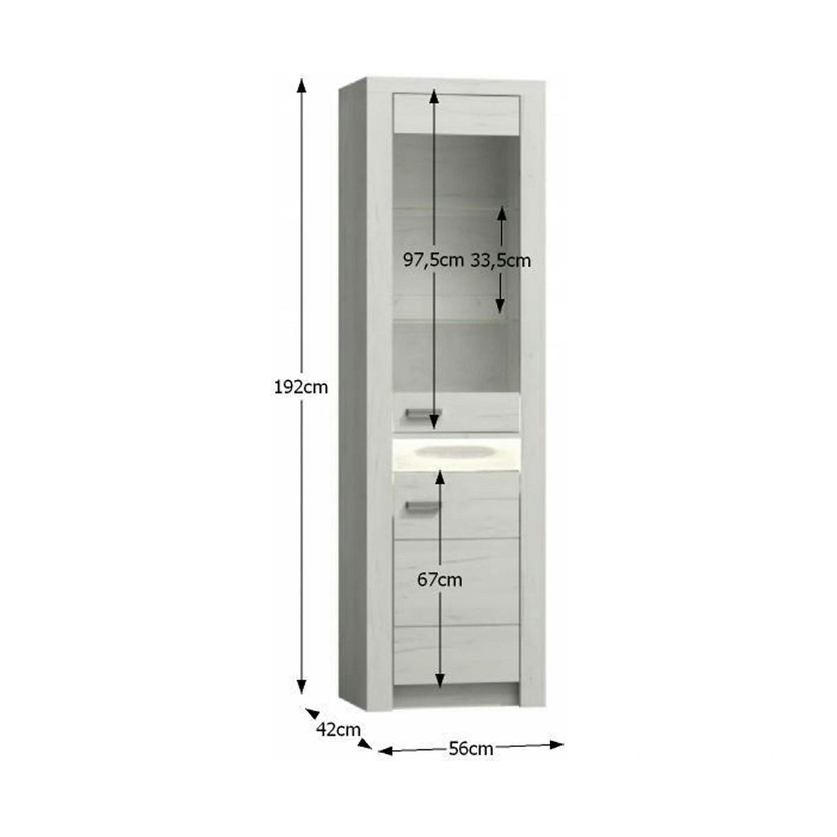 Vitrina INFINITY I-04, frasin alb, PAL melaminat/sticla, 56x42x192 cm