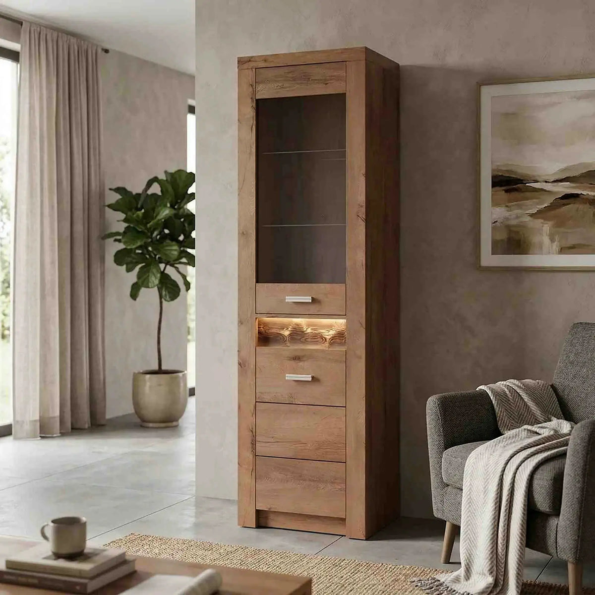 Vitrina INFINITY I-04, frasin deschis, PAL melaminat/sticla, 56x42x192 cm