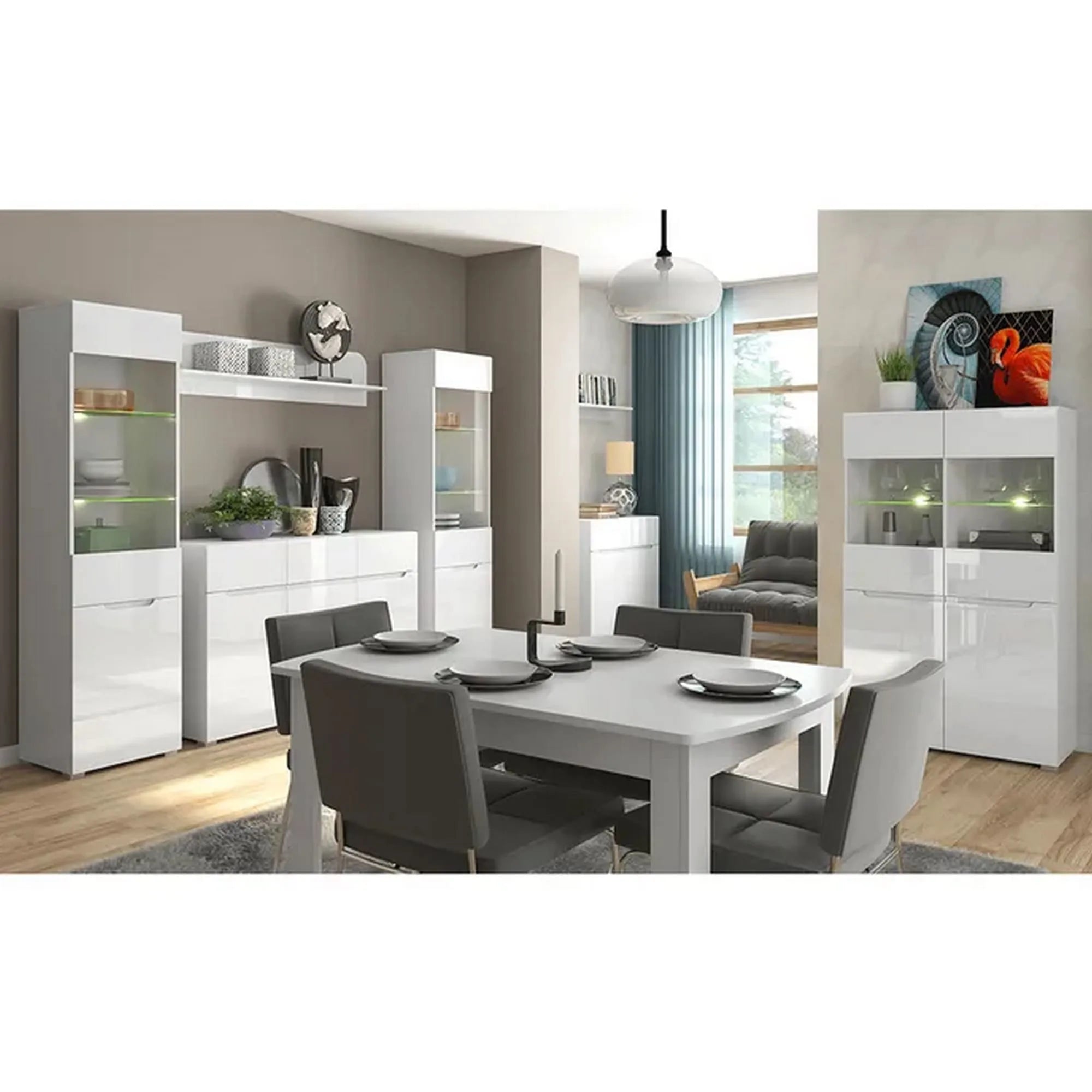 Vitrina JOLK 2D2W, alb lucios, DTD laminat/sticla, 90x42x149 cm