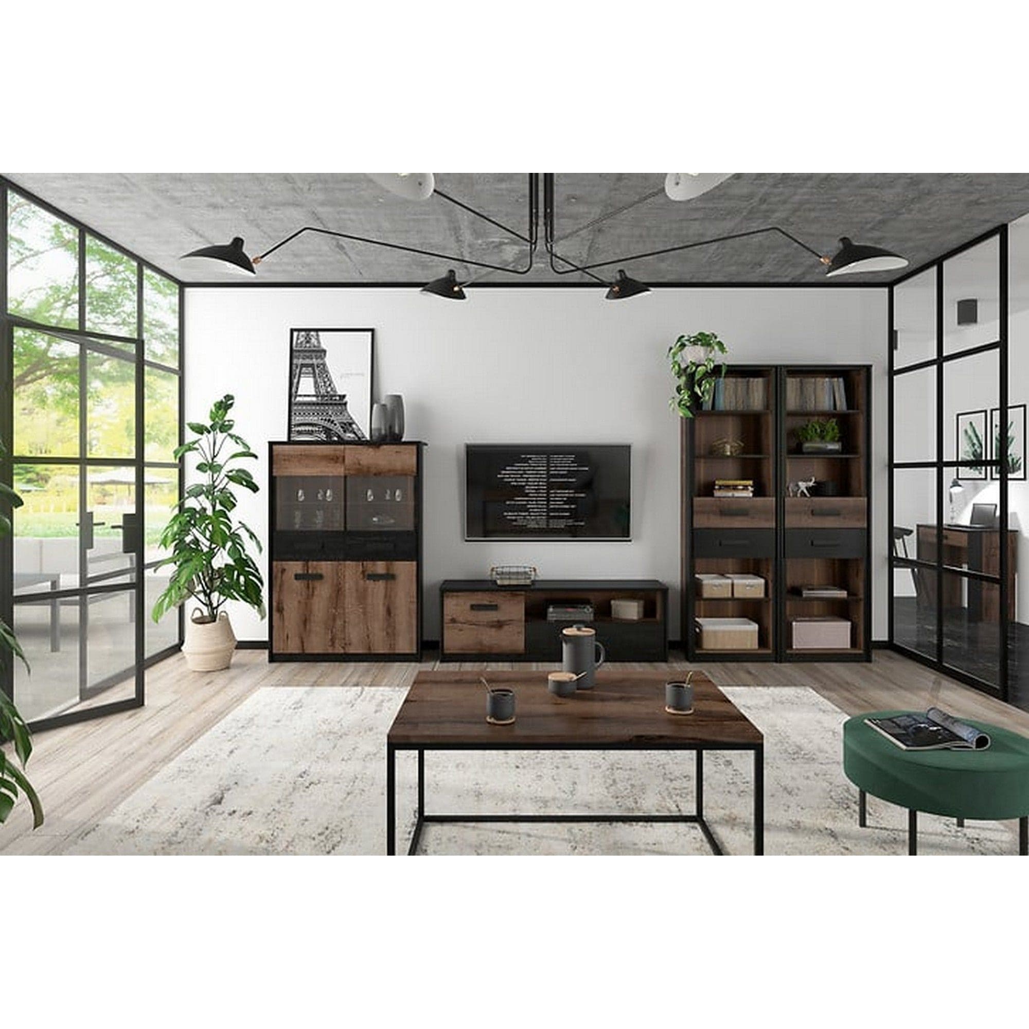 Vitrina KASSEL, nuc/negru, PAL melaminat/sticla securizata, cu iluminare LED, 100x41x145 cm