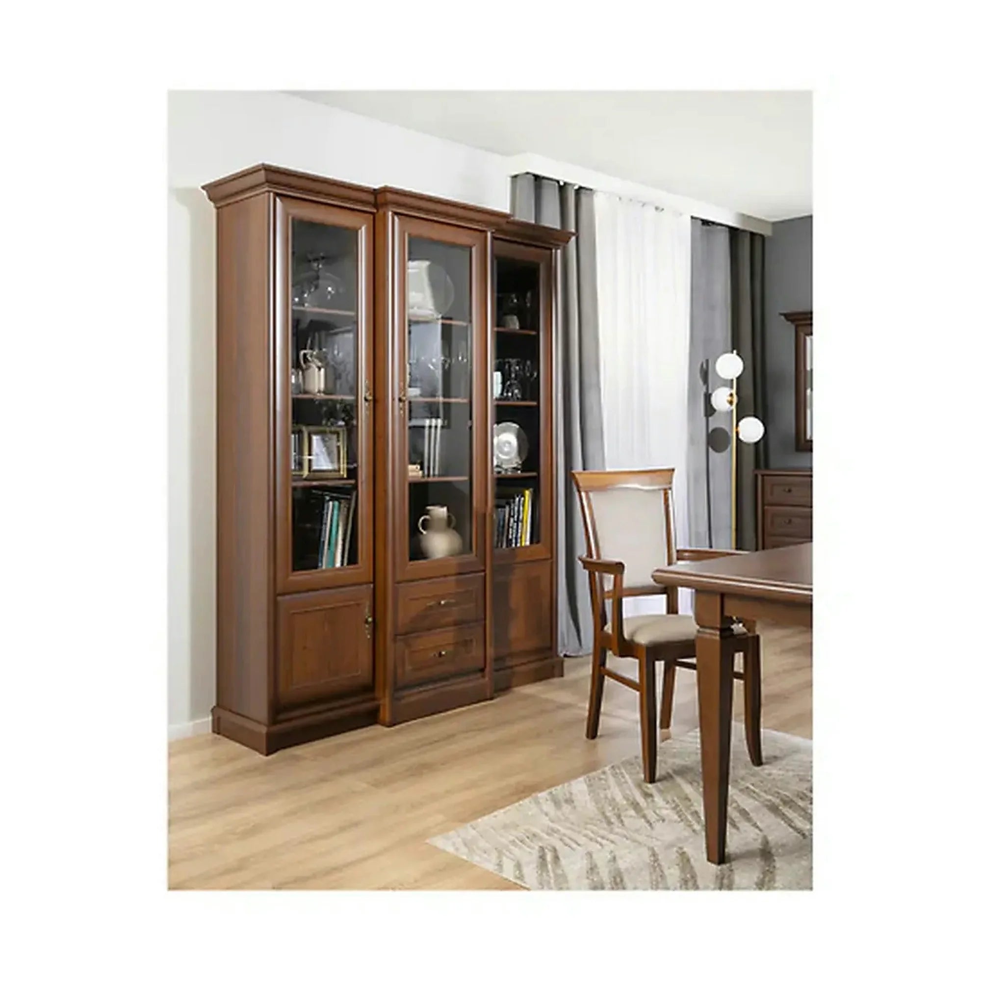 Vitrina KENT, castan, PAL/sticla securizata, 168x43/50x205 cm