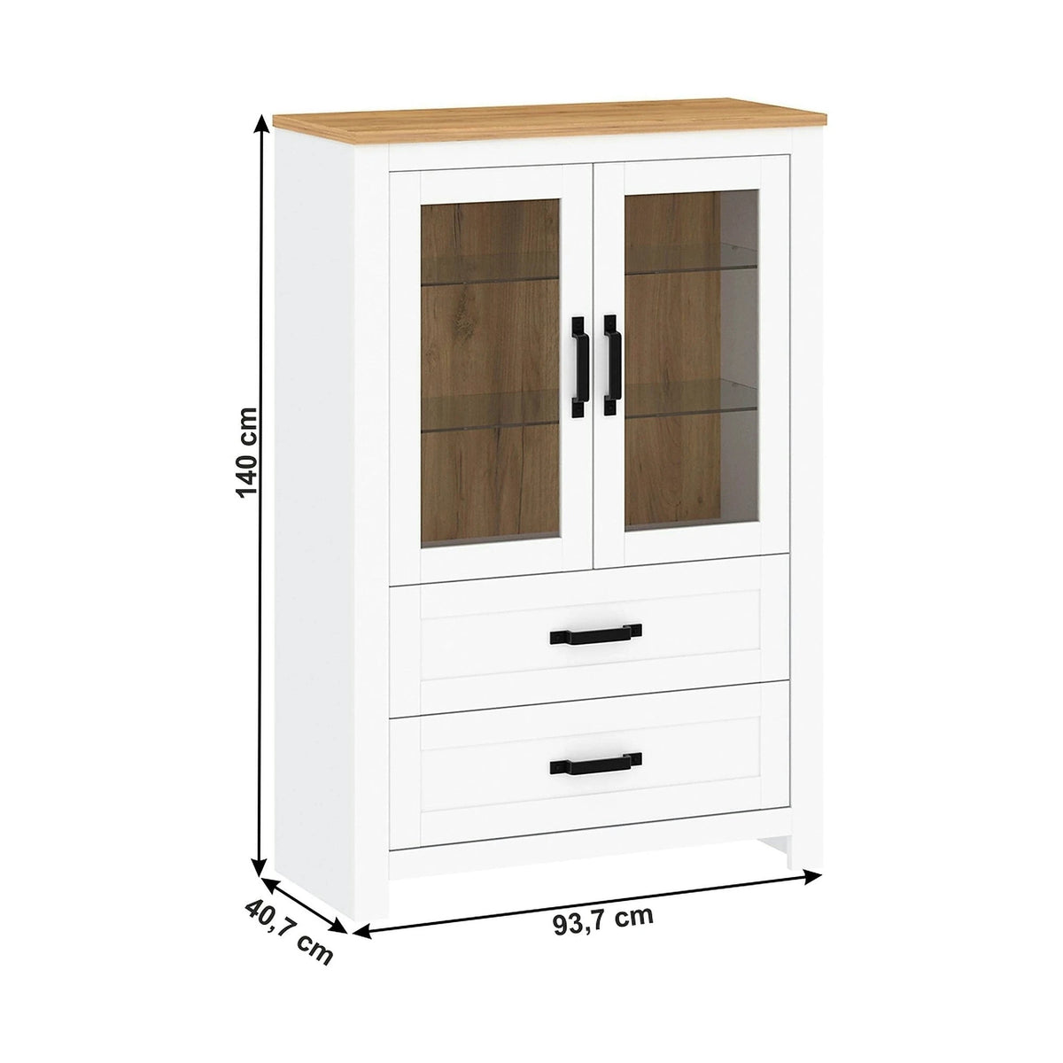 Vitrina LANZETTE K, alb/stejar craft auriu, DTD laminat, 94x41x140 cm