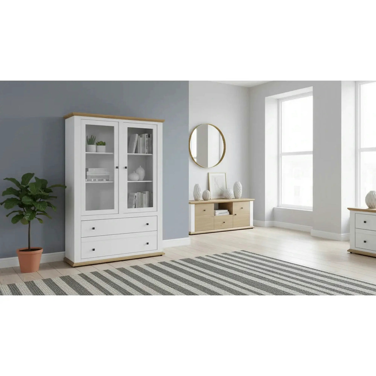 Vitrina LEON MZ5, alb/stejar deschis, PAL laminat, 125x40x180 cm