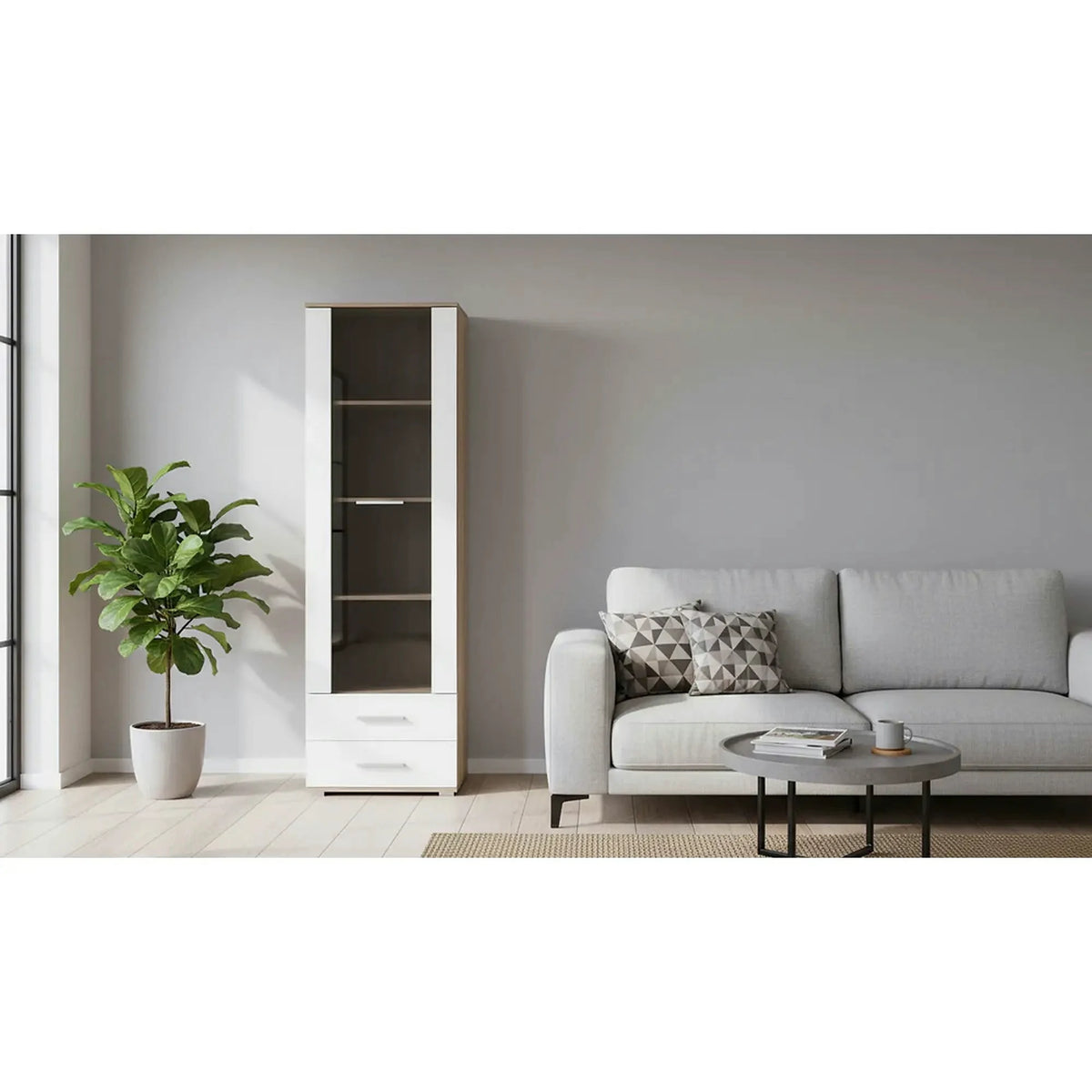 Vitrina LIMA, alb/stejar sonoma, PAL/sticla, 60x40x200 cm