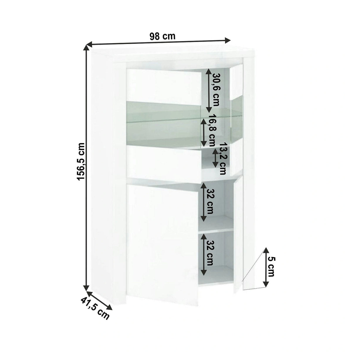 Vitrina LINGO, alb, PAL laminat, sticla, cu iluminare LED, 98x42x157 cm