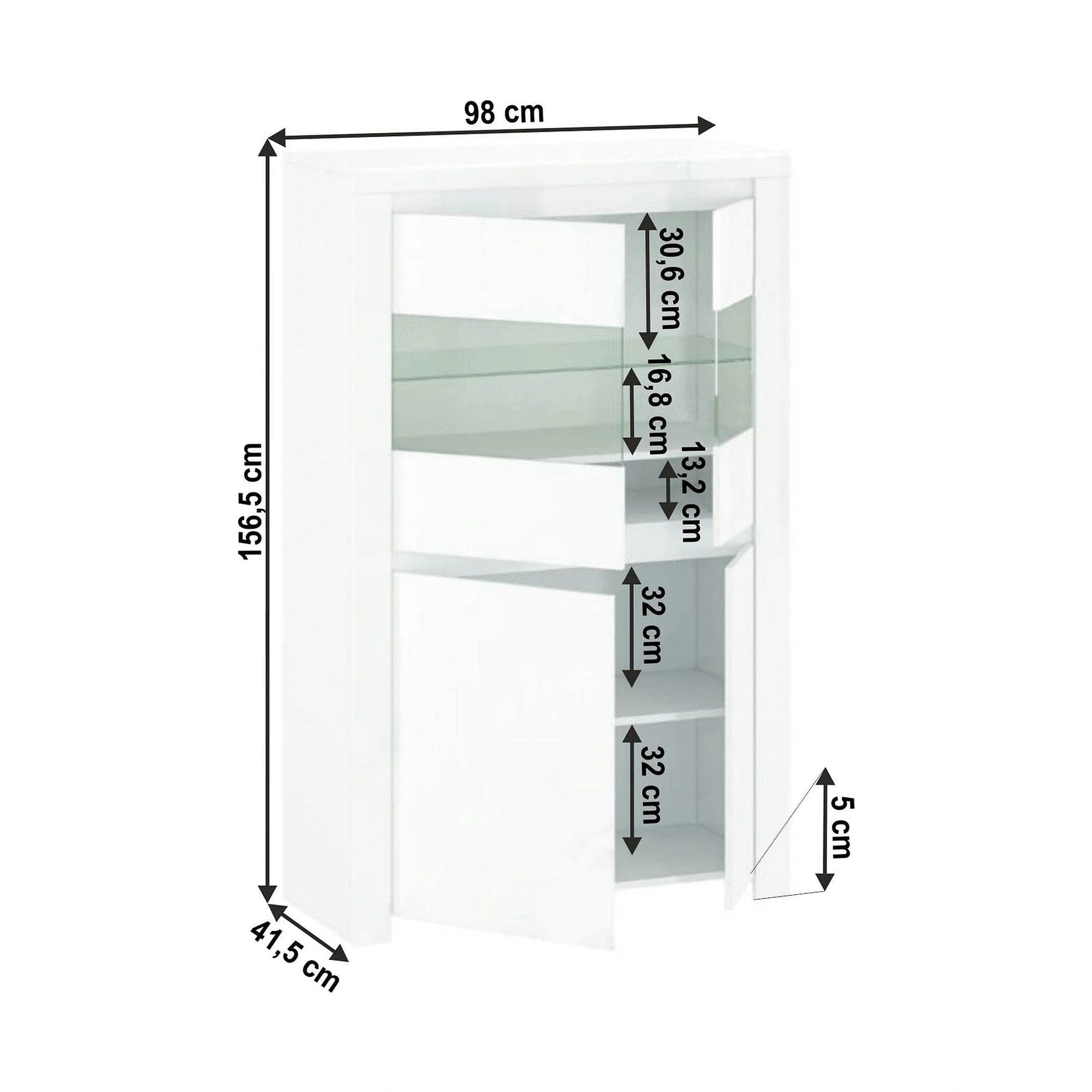Vitrina LINGO, alb, PAL laminat, sticla, cu iluminare LED, 98x42x157 cm