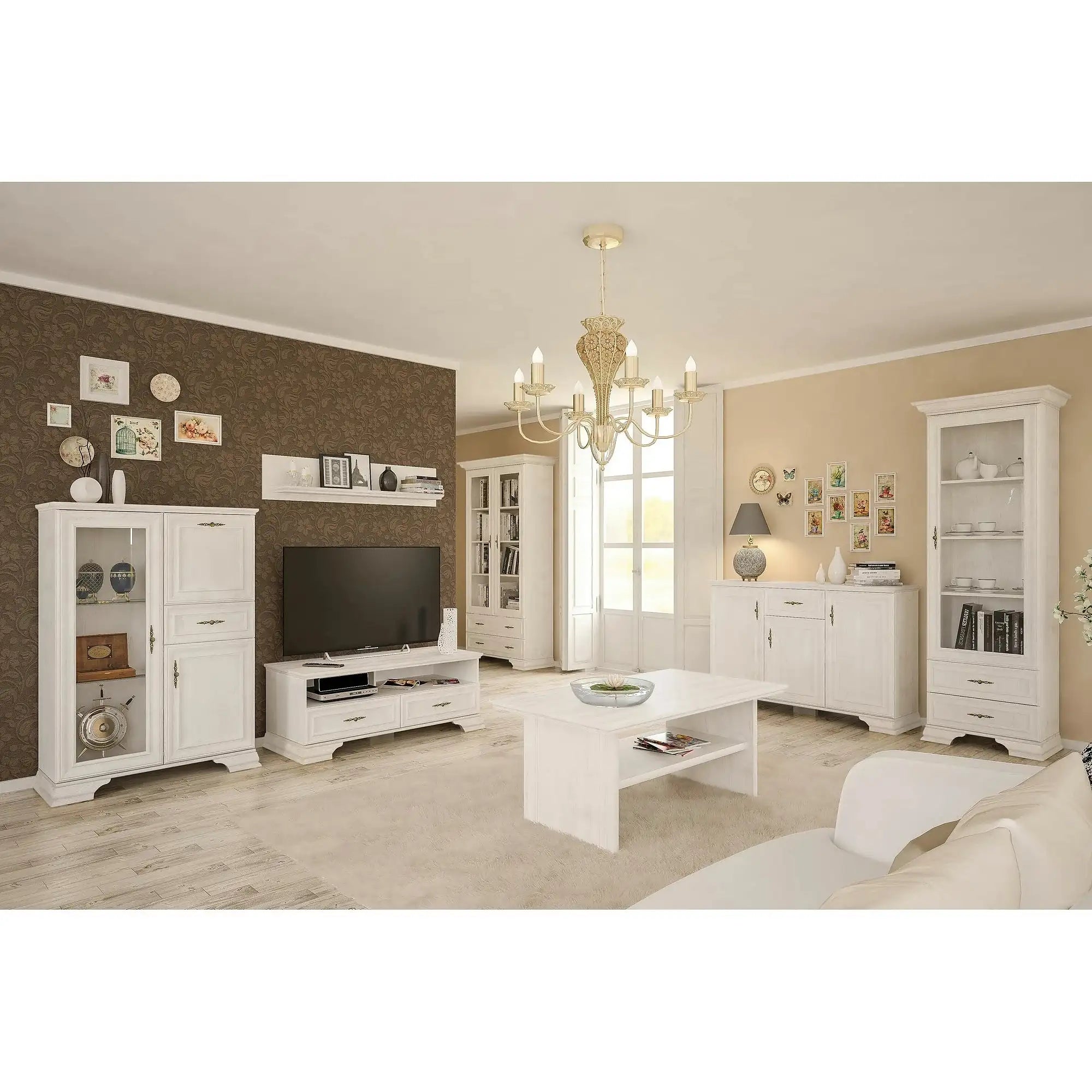 Vitrina living clasica IRYS, pin alb anderson, PAL laminat, 70x43x198 cm