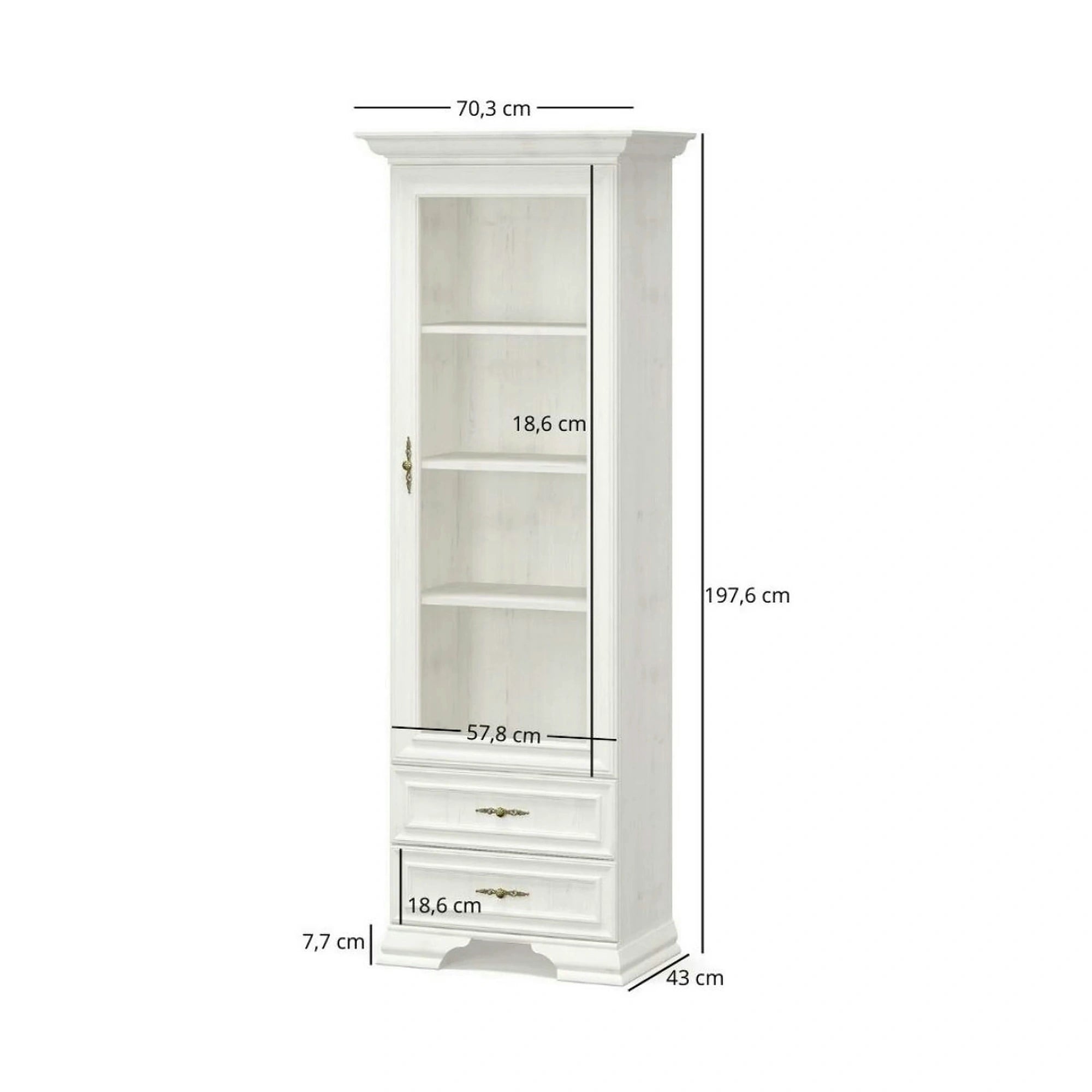 Vitrina living clasica IRYS, pin alb anderson, PAL laminat, 70x43x198 cm