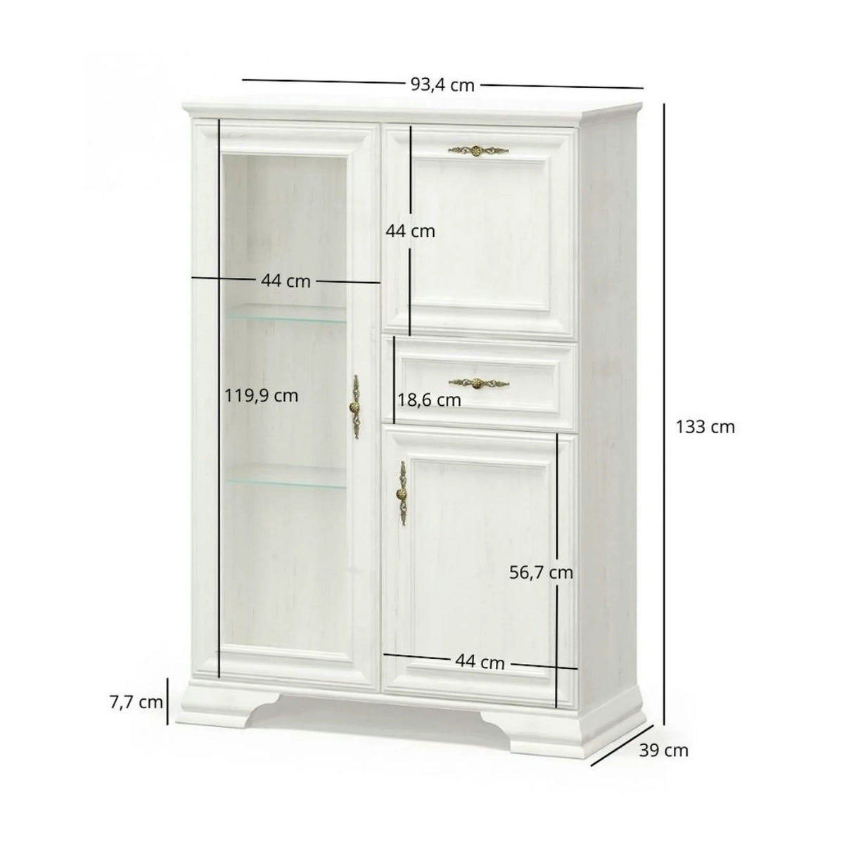 Vitrina living clasica IRYS, pin alb anderson, PAL laminat, 93x39x133 cm