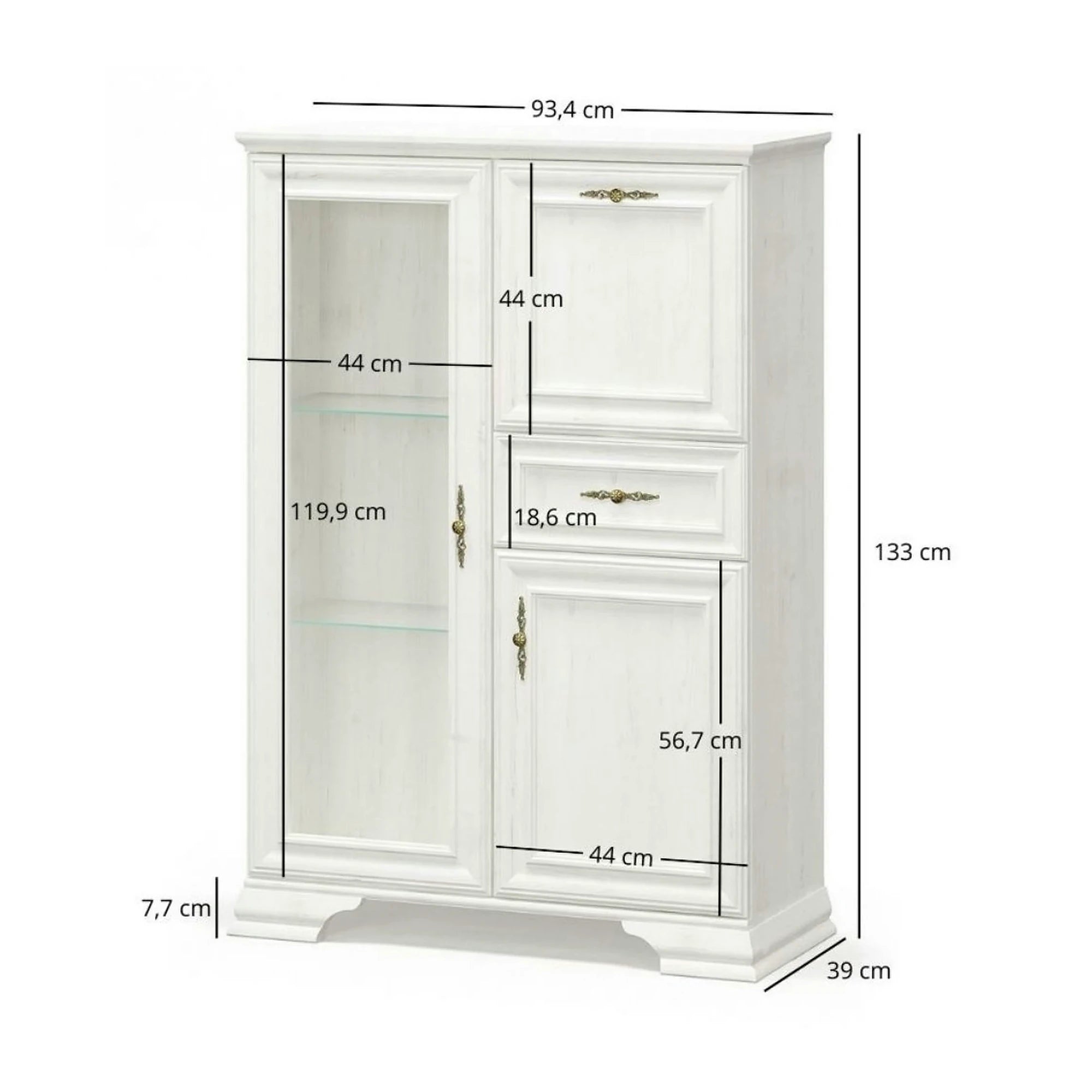 Vitrina living clasica IRYS, pin alb anderson, PAL laminat, 93x39x133 cm
