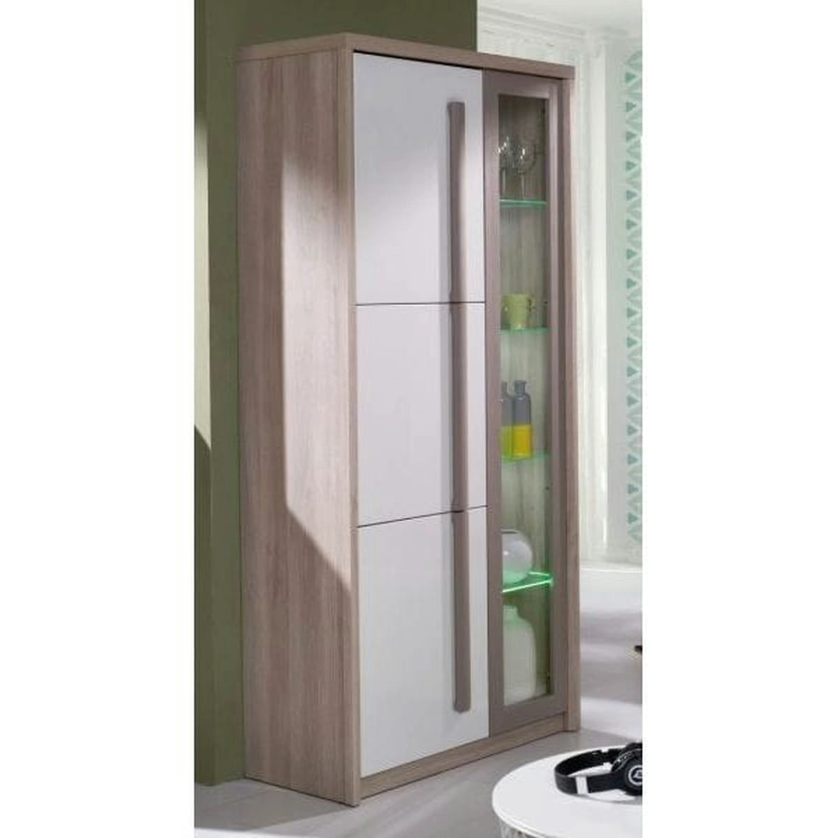 Vitrina living moderna ROMA 2, stejar Ferrara/alb lucios/gri mat, PAL/sticla, 90x43x194 cm