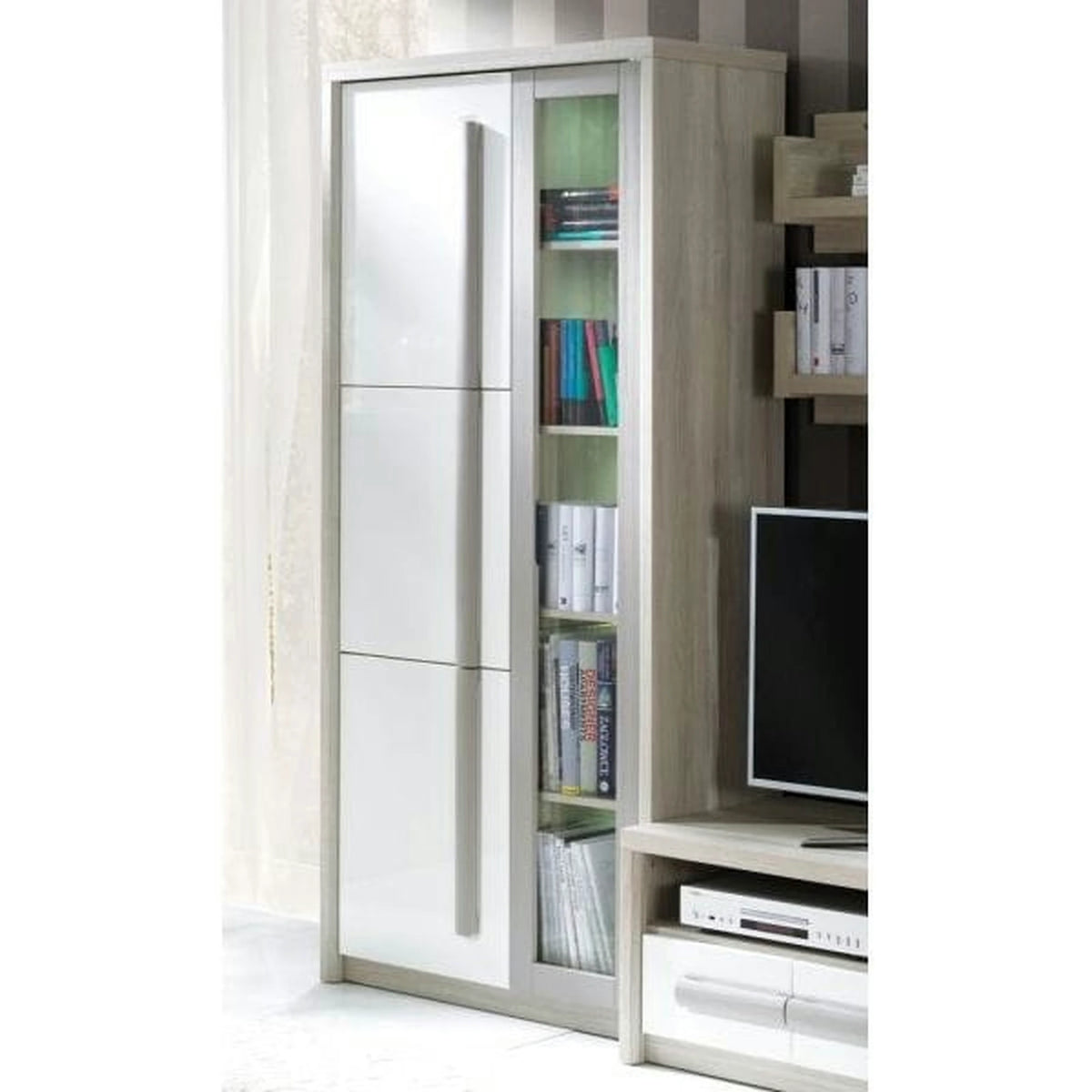 Vitrina living moderna ROMA 2, stejar Ferrara/alb lucios/gri mat, PAL/sticla, 90x43x194 cm