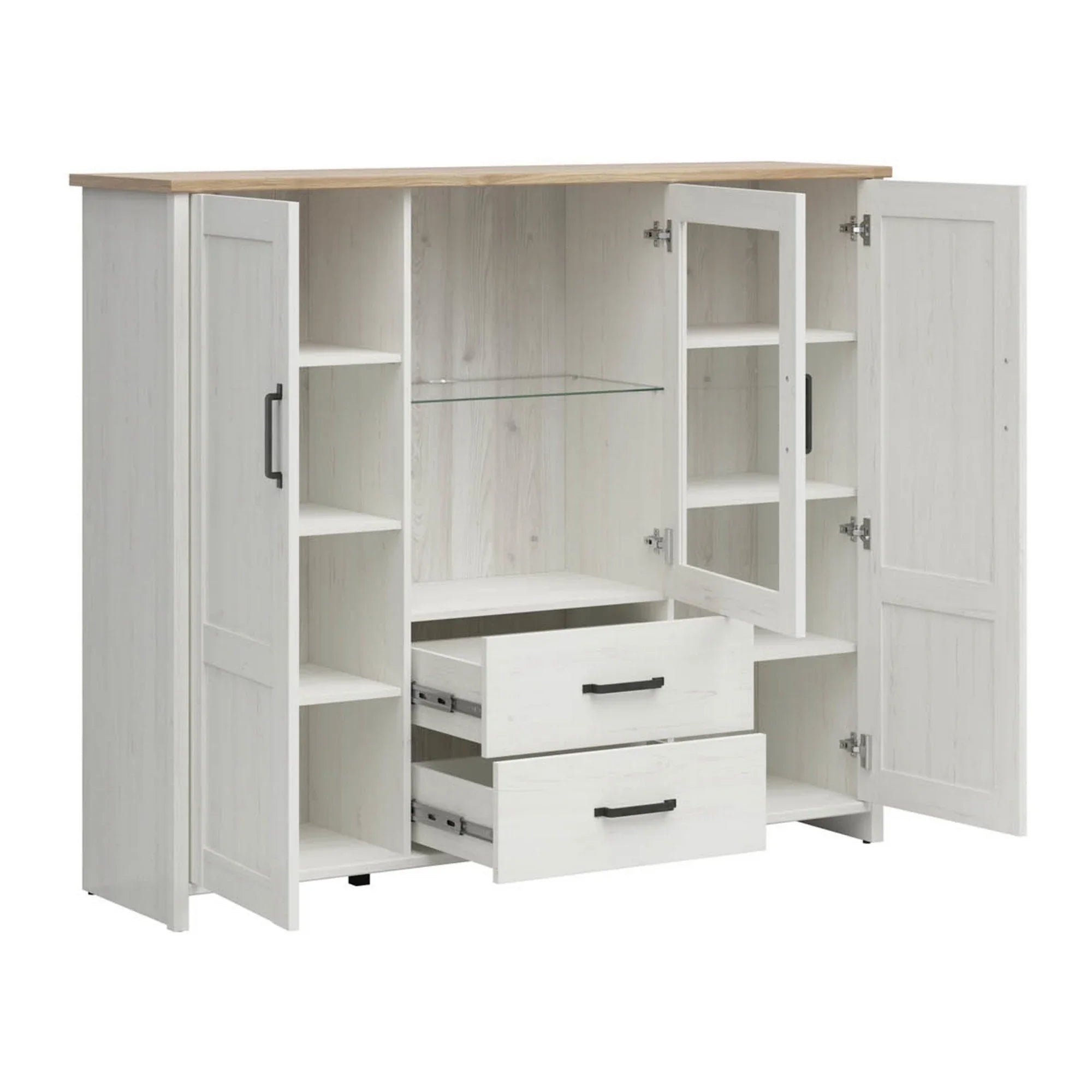 Vitrina LOKSA, alb/stejar, PAL laminat/sticla, cu iluminare LED, 160x43x135 cm