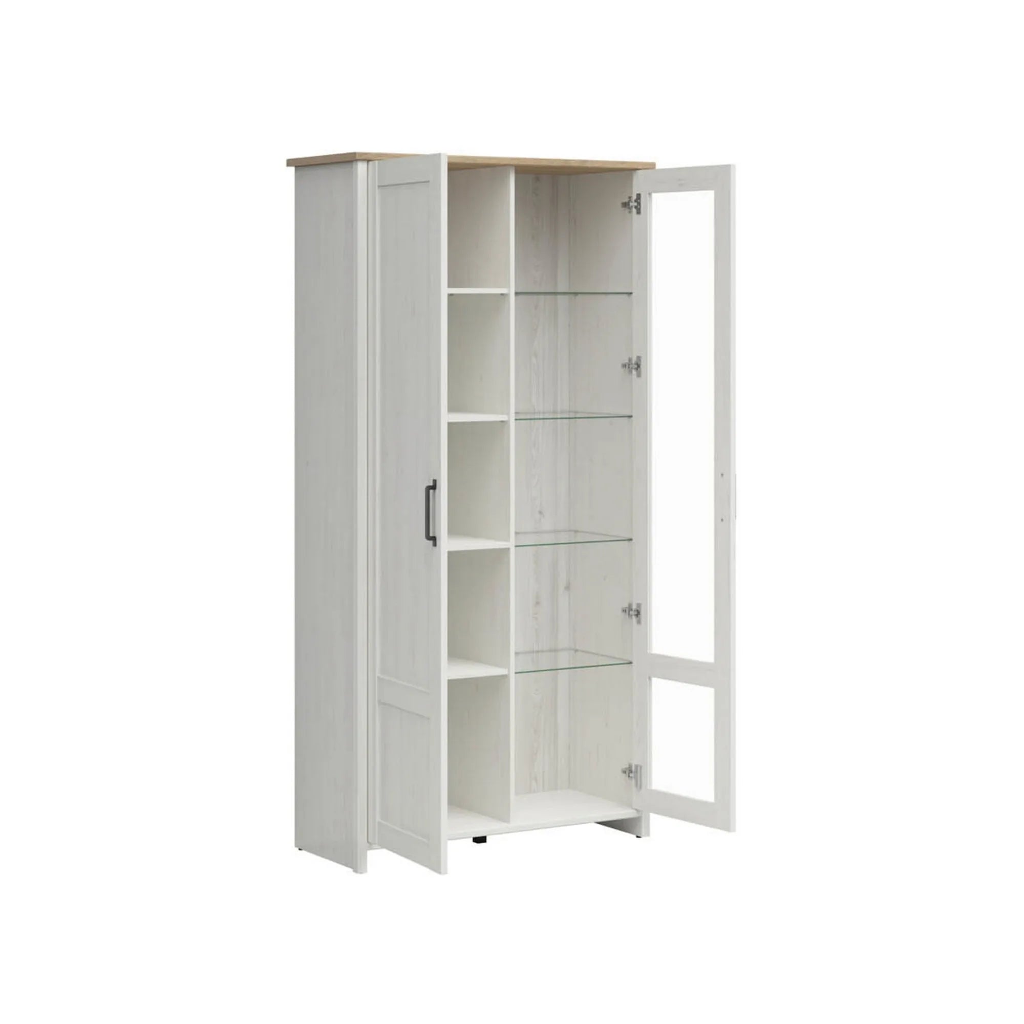 Vitrina LOKSA, pin alb/stejar grandson, PAL laminat, cu iluminare LED, 102x43x201 cm