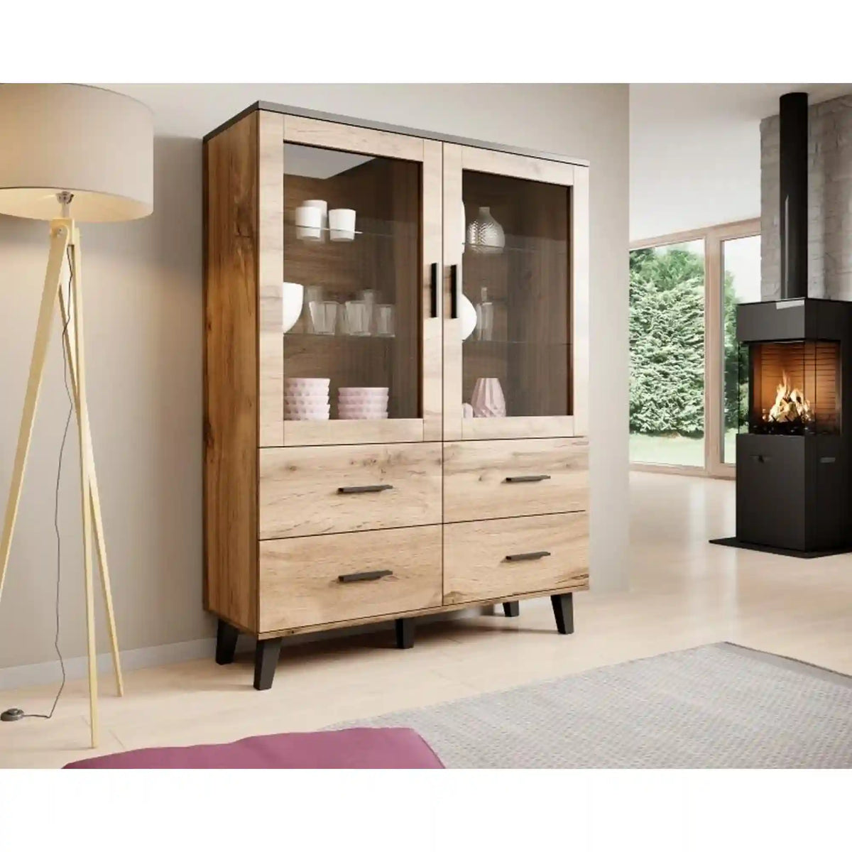 Vitrina LOTTA, stejar wotan/negru, PAL, 120x45x160 cm