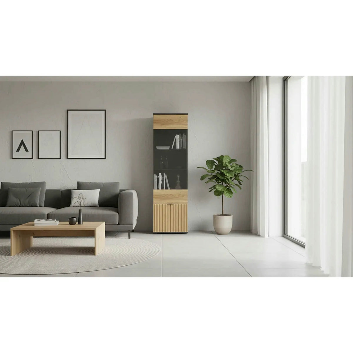 Vitrina LUEN, stejar/negru, PAL laminat/sticla securizata, 57x40x196 cm