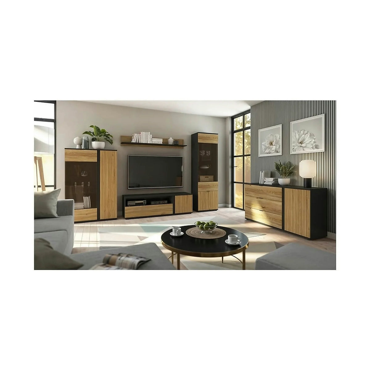 Vitrina LUEN, stejar/negru, PAL laminat/sticla securizata, 57x40x196 cm