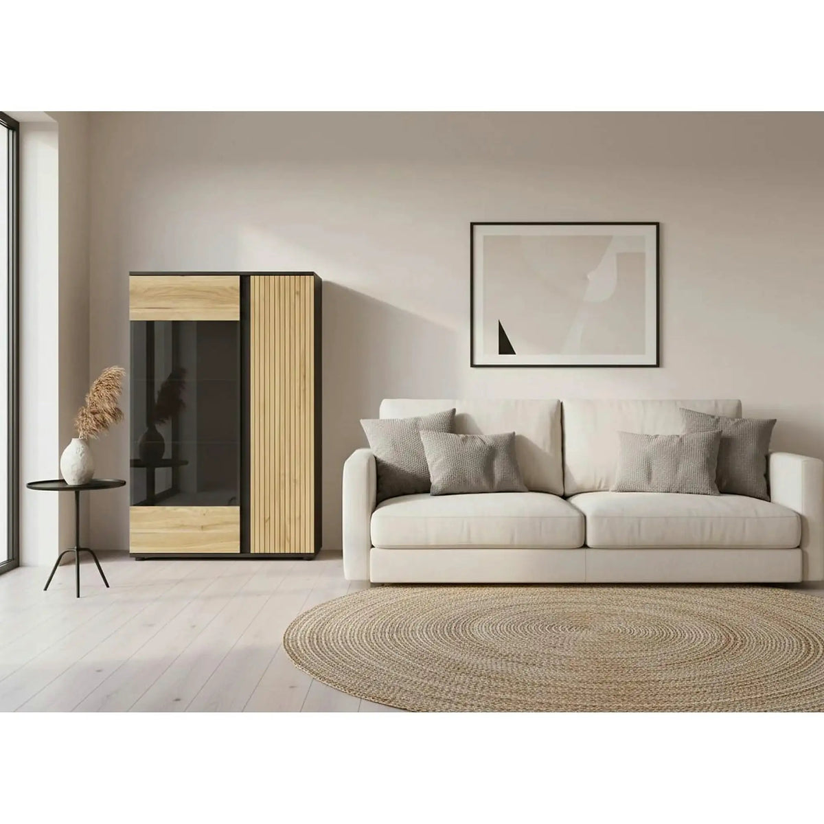 Vitrina LUEN, stejar/negru, PAL laminat/sticla securizata, 95x40x146 cm