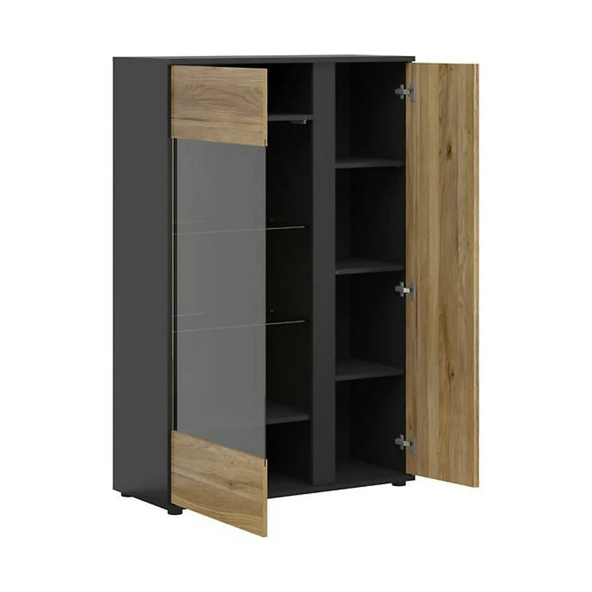 Vitrina LUEN, stejar/negru, PAL laminat/sticla securizata, 95x40x146 cm