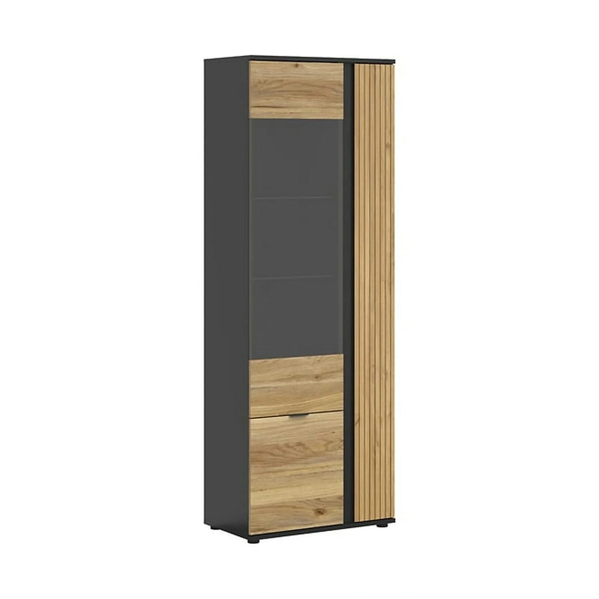 Vitrina LUEN, stejar/negru, PAL laminat/sticla securizata, cu 3 usi, 70x40x196 cm