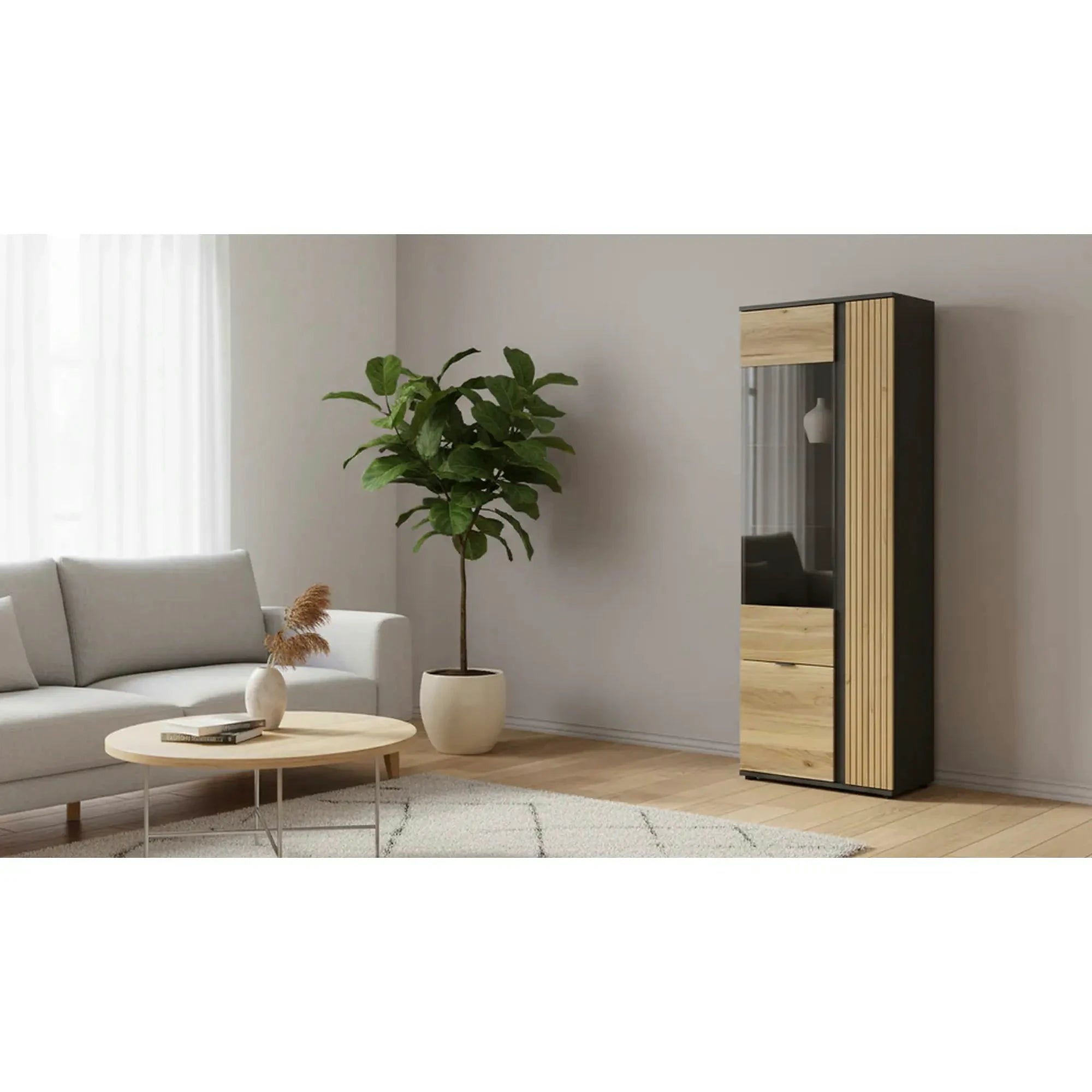 Vitrina LUEN, stejar/negru, PAL laminat/sticla securizata, cu 3 usi, 70x40x196 cm