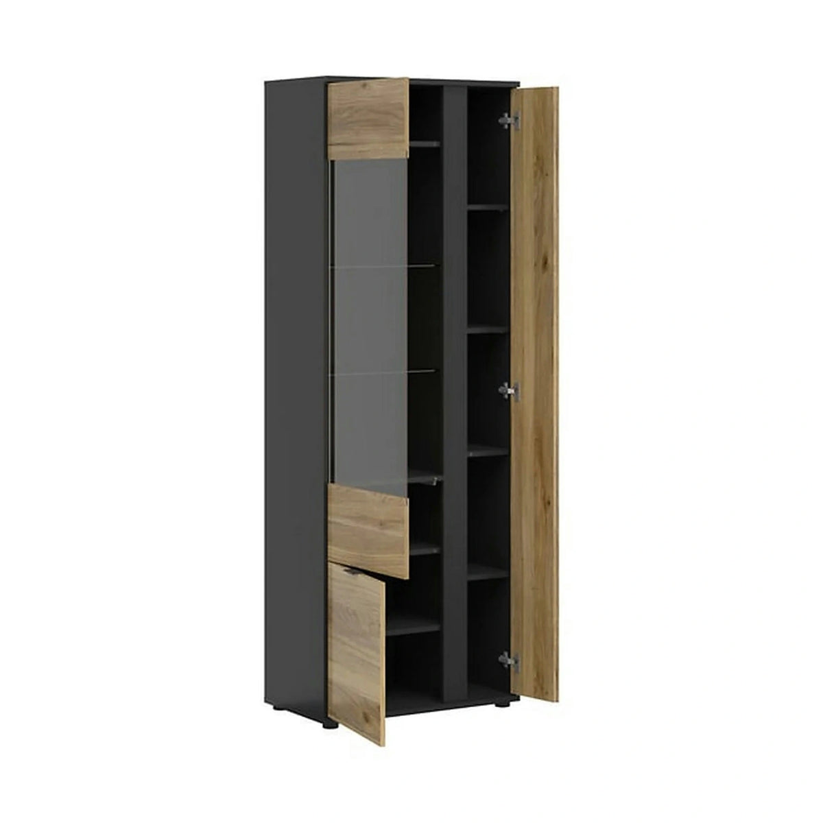 Vitrina LUEN, stejar/negru, PAL laminat/sticla securizata, cu 3 usi, 70x40x196 cm