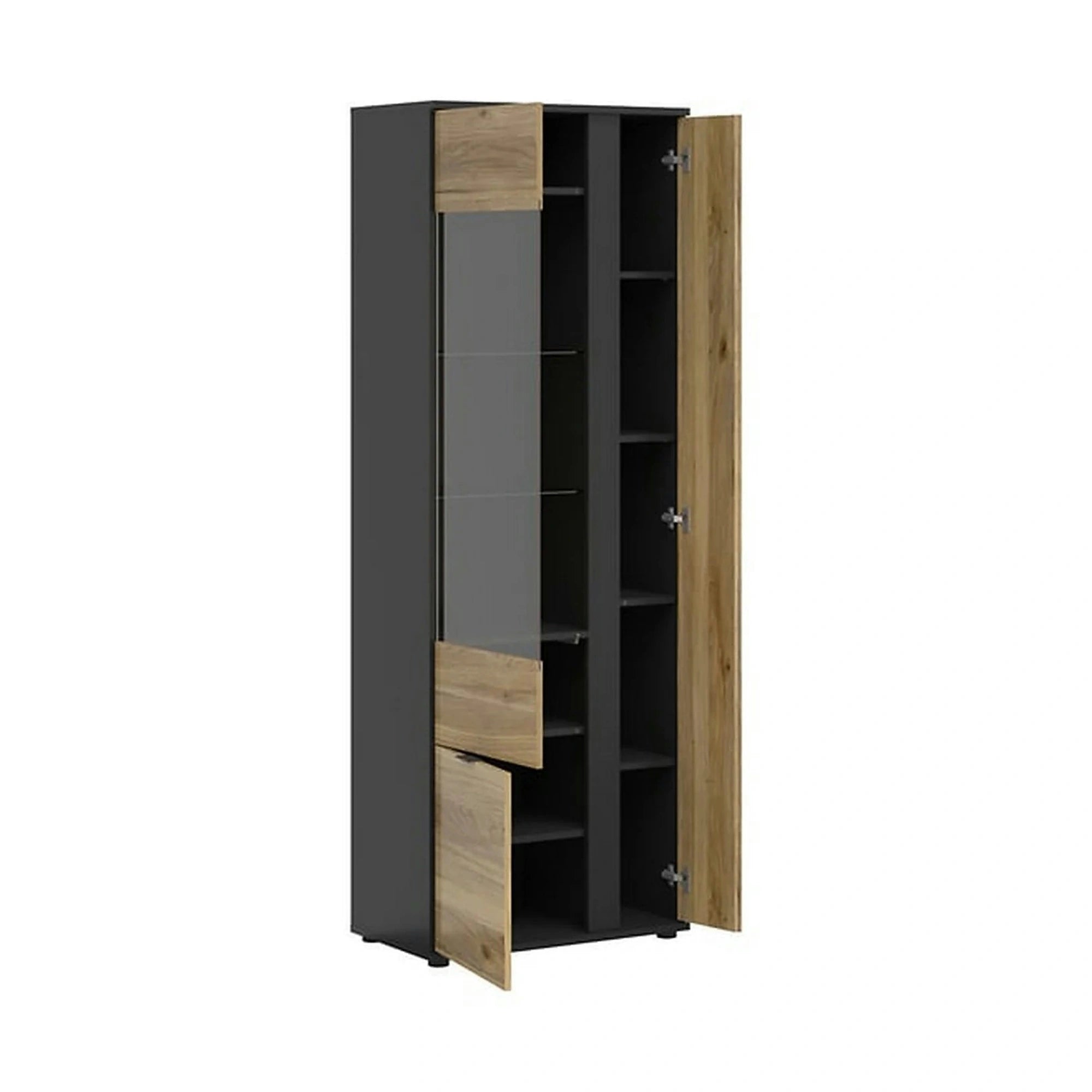 Vitrina LUEN, stejar/negru, PAL laminat/sticla securizata, cu 3 usi, 70x40x196 cm