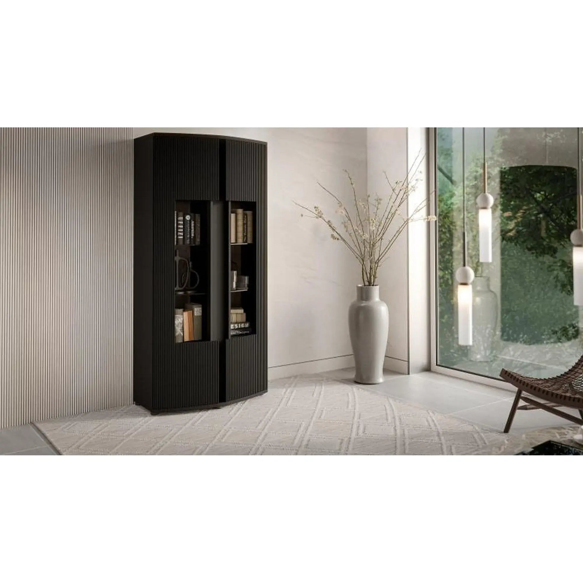 Vitrina MICHELLE, negru/stejar, PAL/sticla, 86x47x180 cm
