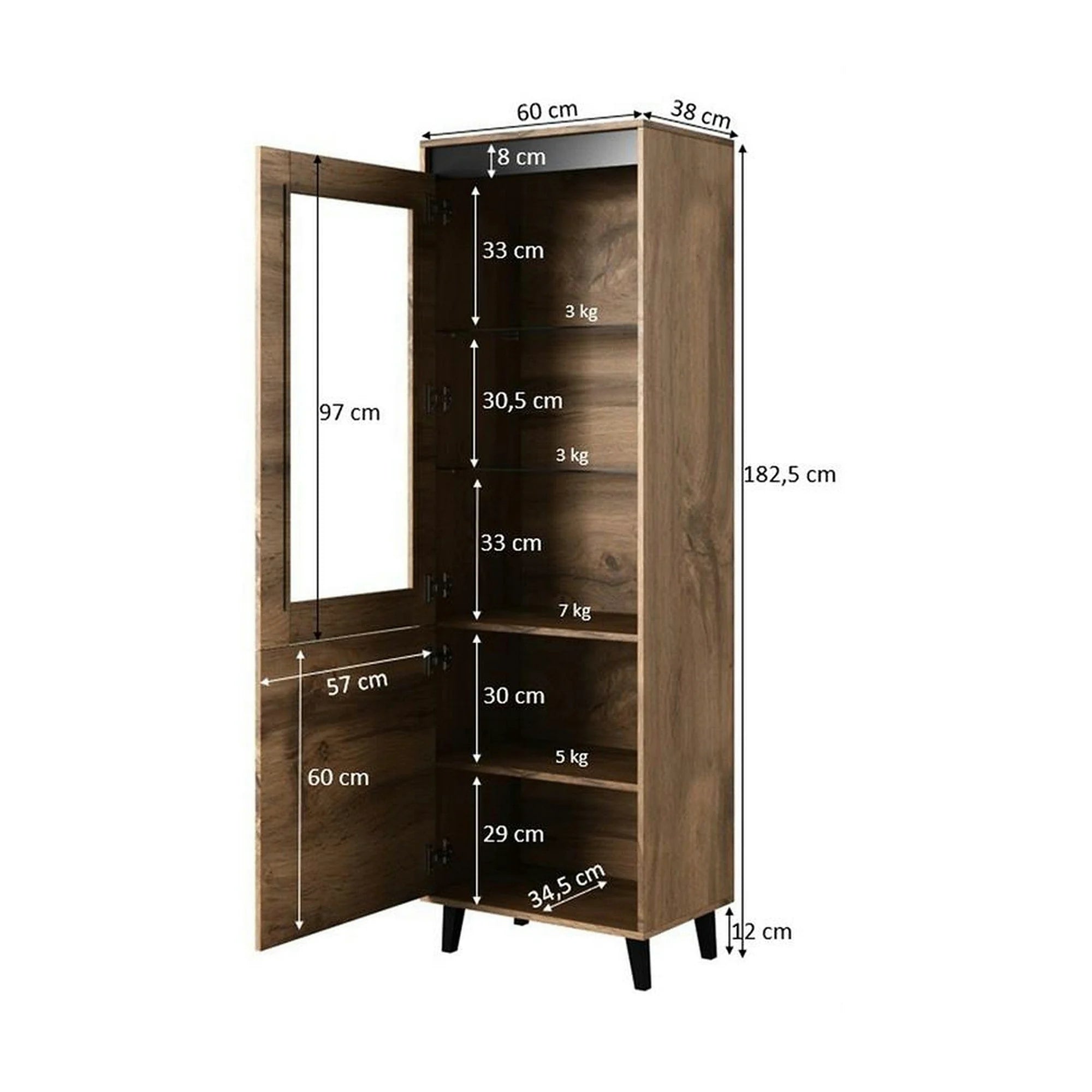 Vitrina NORD, stejar wotan/gri antracit, PAL laminat/plastic, 60x38x183 cm