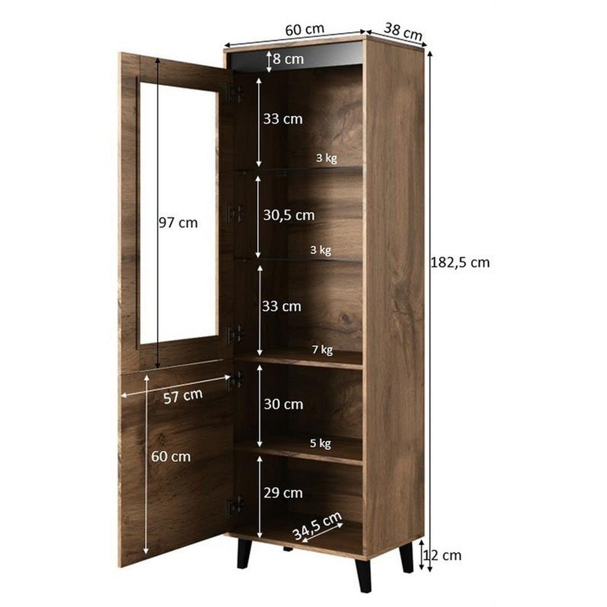 Vitrina NORD, stejar wotan/gri antracit, PAL laminat/plastic, 60x38x183 cm