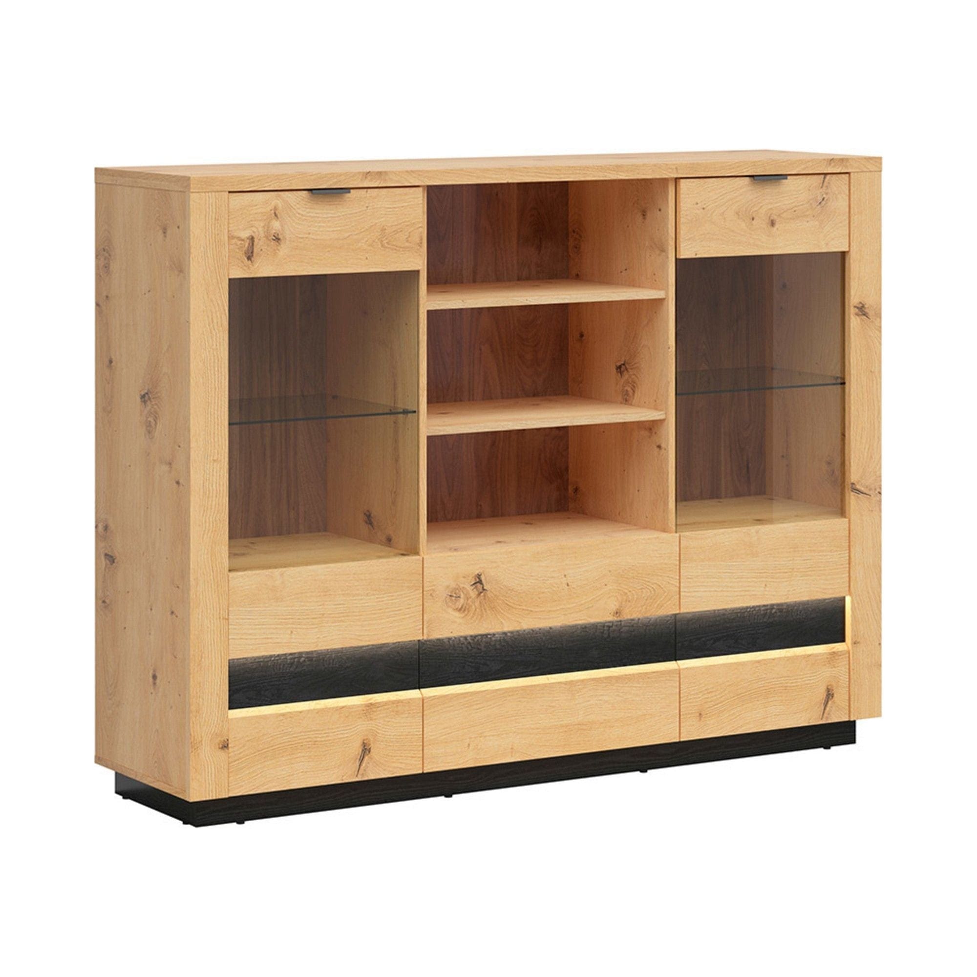 Vitrina OSTIA, stejar artisan/negru, PAL/sticla, 161x42x124 cm