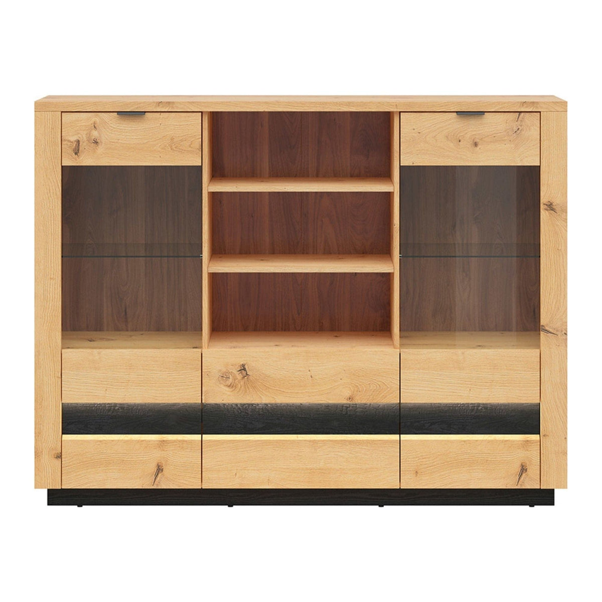 Vitrina OSTIA, stejar artisan/negru, PAL/sticla, 161x42x124 cm