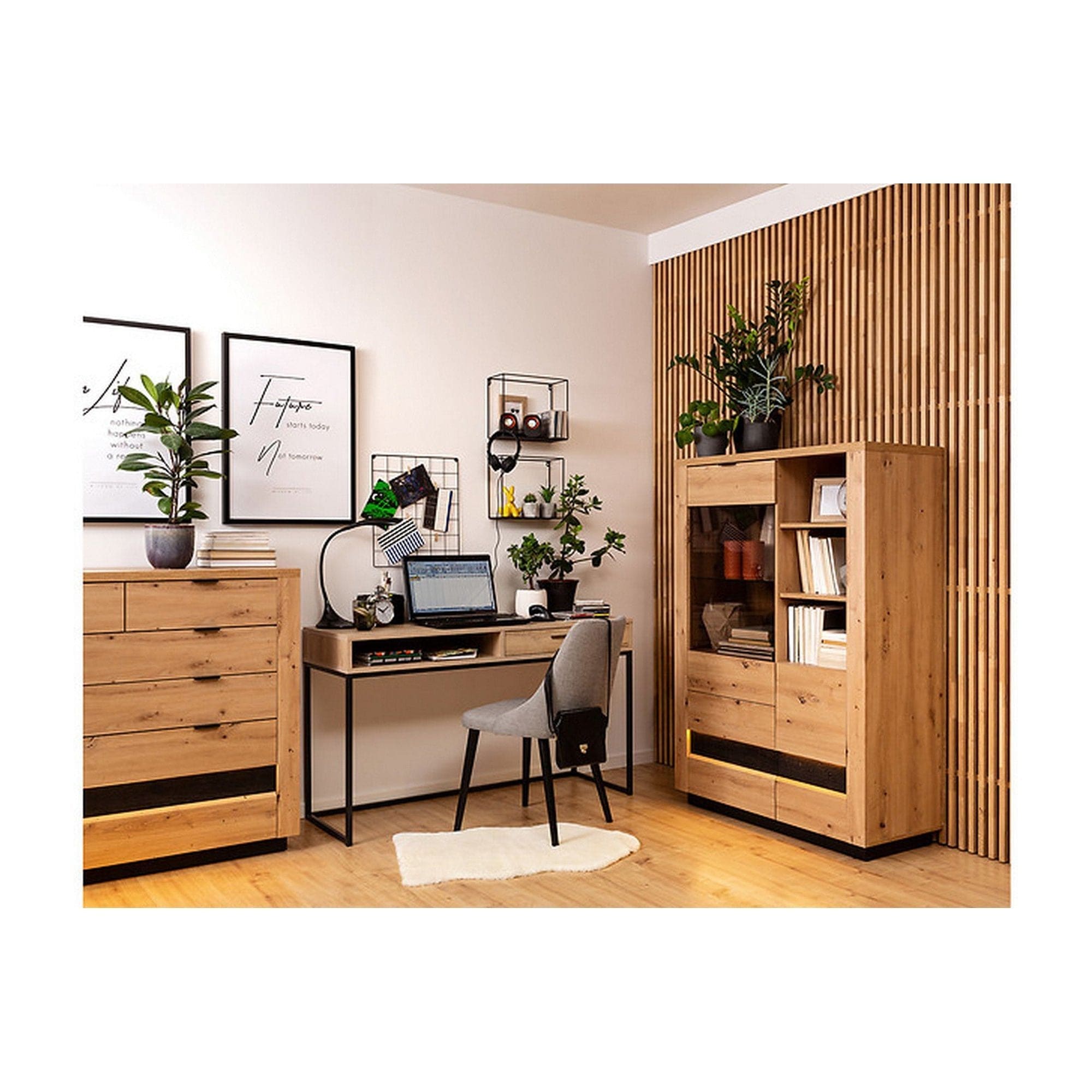 Vitrina OSTIA, stejar artisan/negru, PAL/sticla securizata, 101x42x144 cm
