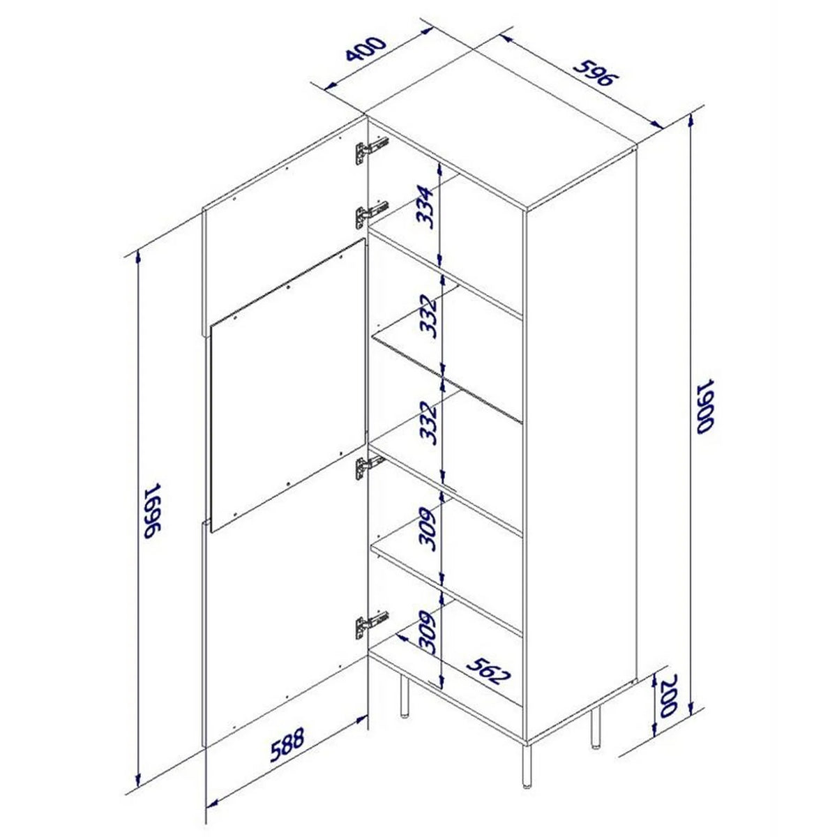 Vitrina PALAZZO, negru, PAL laminat/sticla, 60x42x190 cm