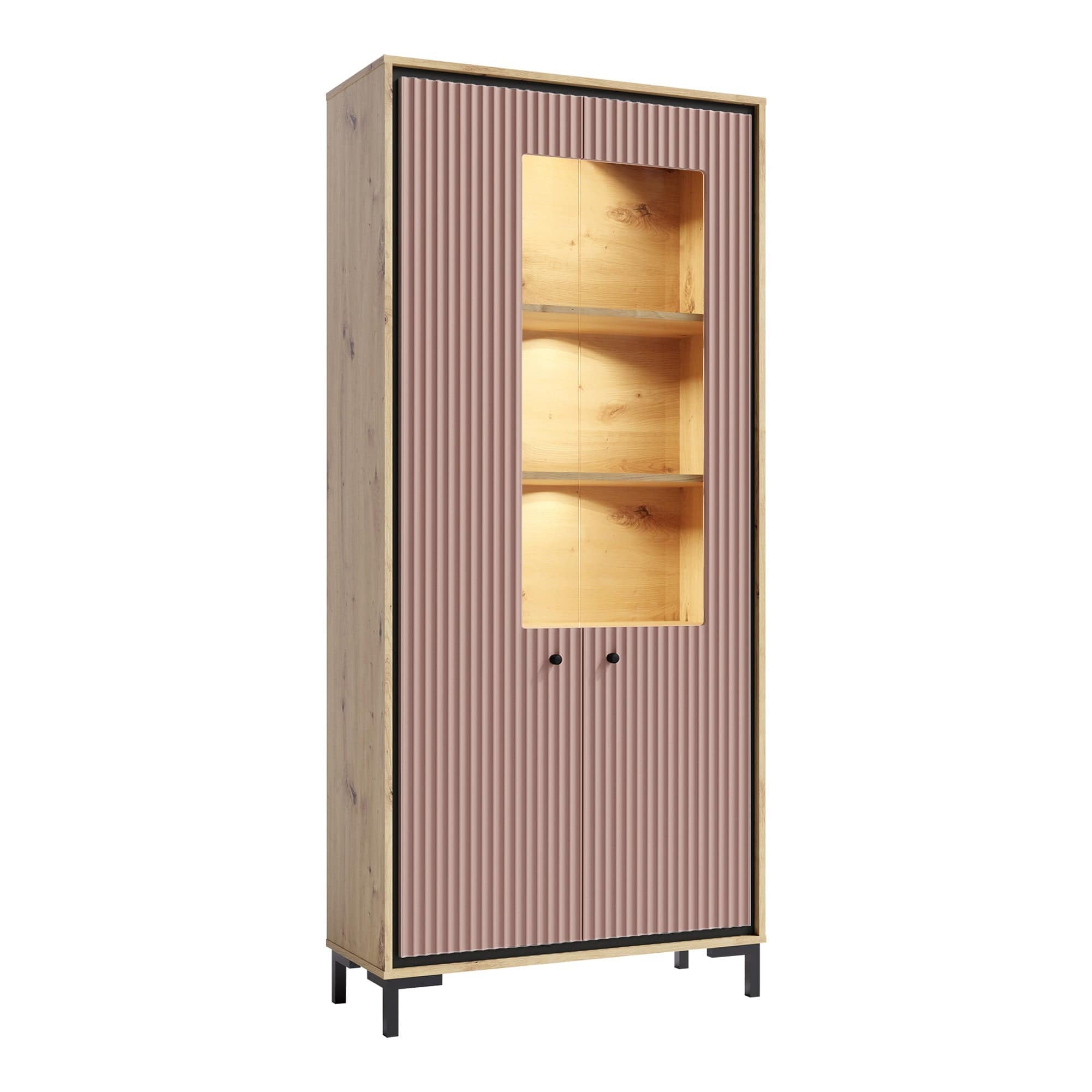 Vitrina PARII PA02, stejar artisan/roz, PAL laminat/sticla, cu iluminare LED, 89x37x196 cm