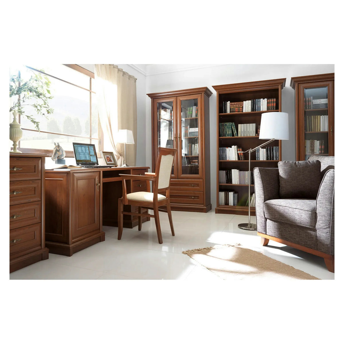 Vitrina pentru living KENT, castan, PAL/sticla securizata, 110x43x205 cm