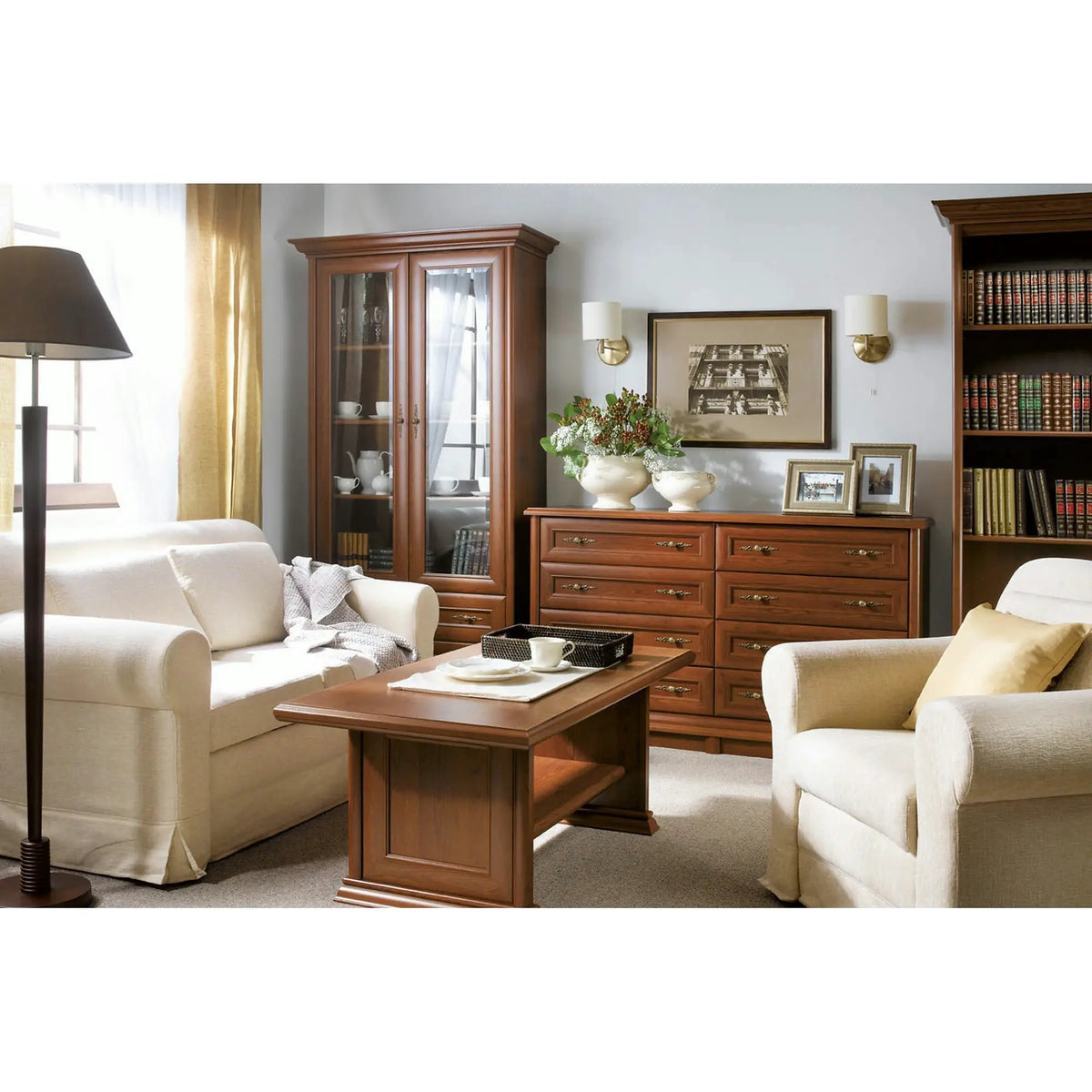 Vitrina pentru living KENT, castan, PAL/sticla securizata, 110x43x205 cm