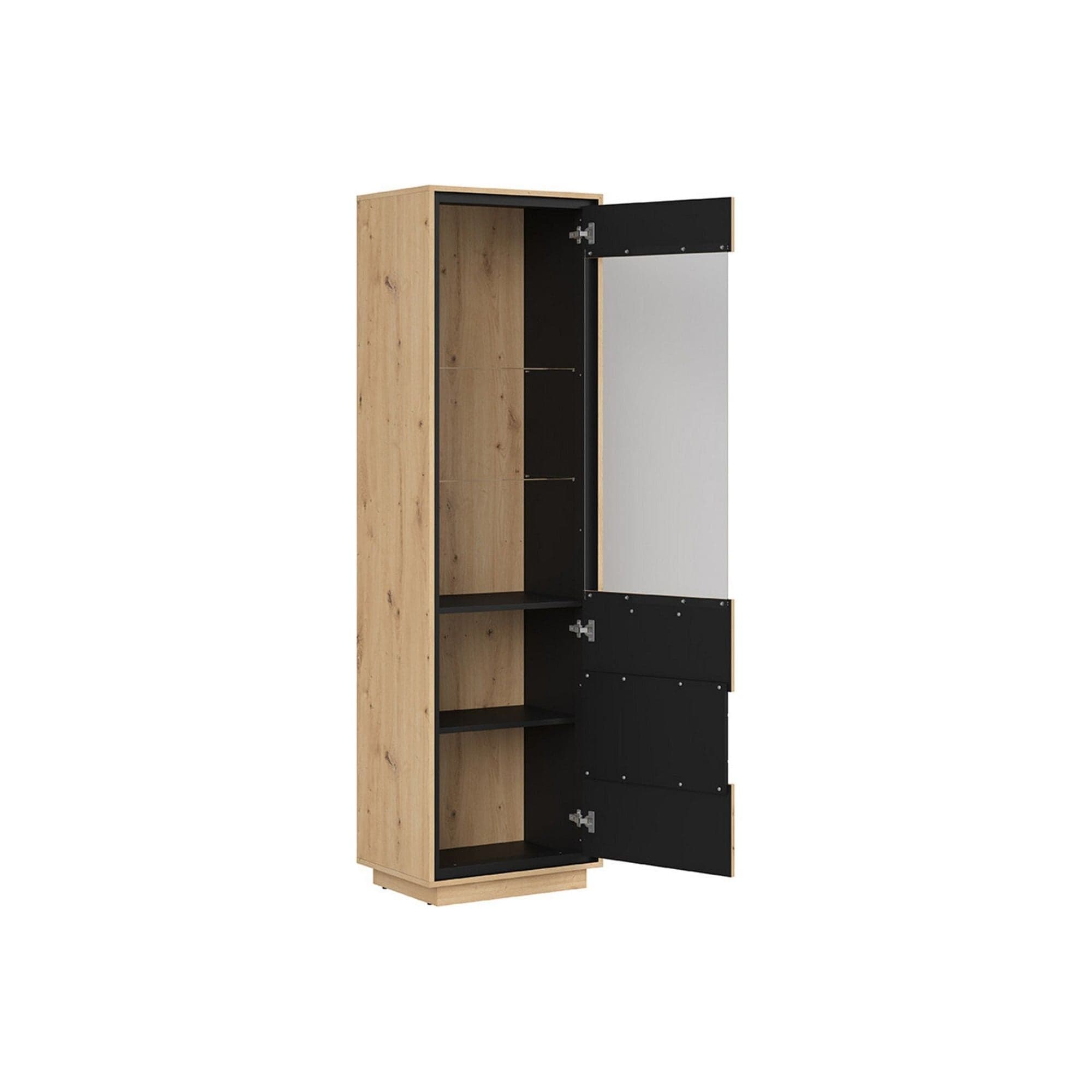 Vitrina PONT, stejar artisan/negru mat, PAL/sticla securizata, 58x42x201 cm