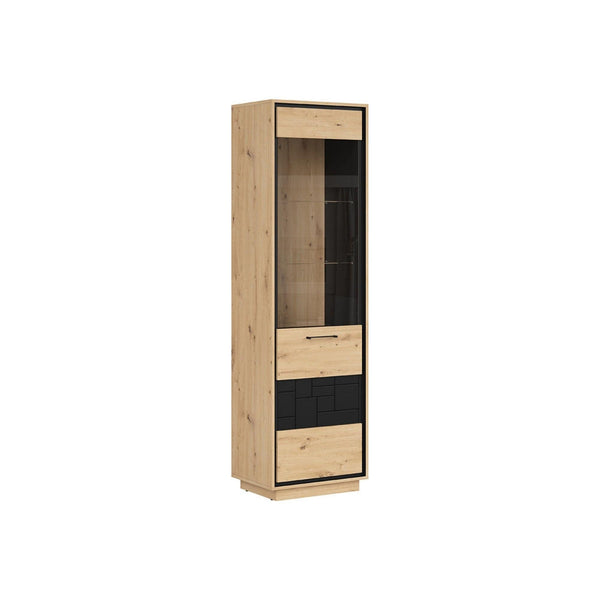 Vitrina PONT, stejar artisan/negru mat, PAL/sticla securizata, 58x42x201 cm