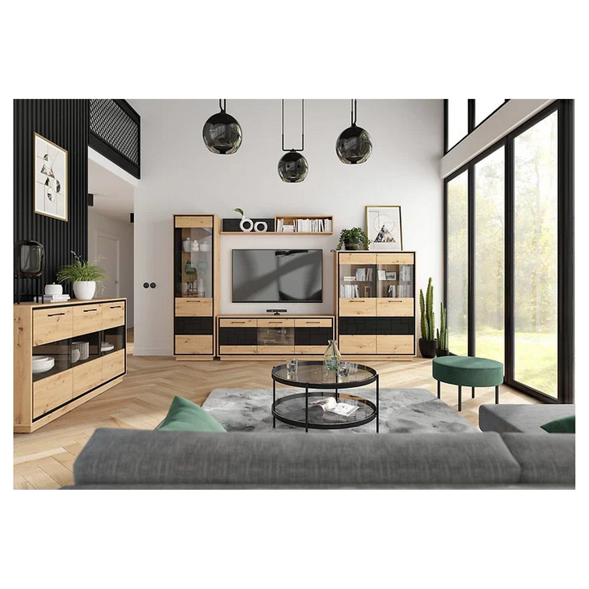 Vitrina PONT, stejar artisan/negru mat, PAL/sticla securizata, 58x42x201 cm