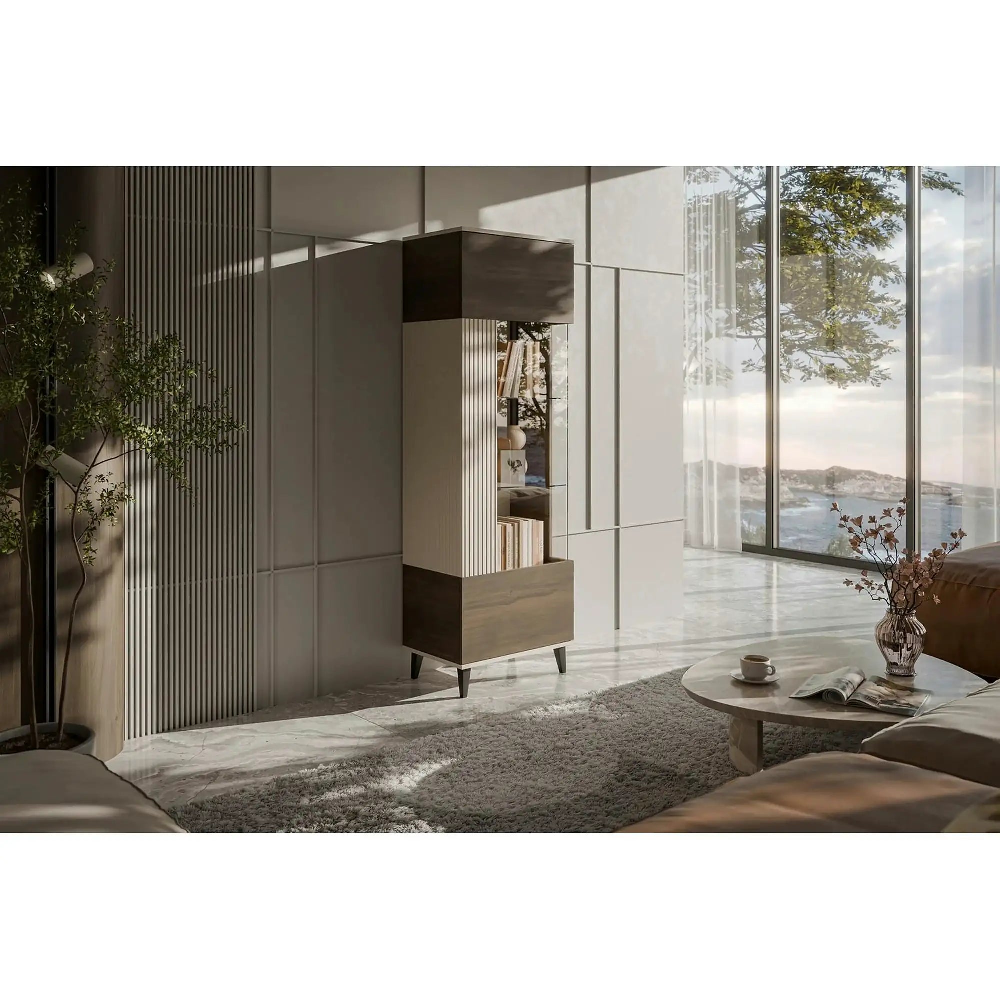 Vitrina RANDOM, nuc/casmir/negru, PAL furniruit/polipropilena, 60x40x182 cm