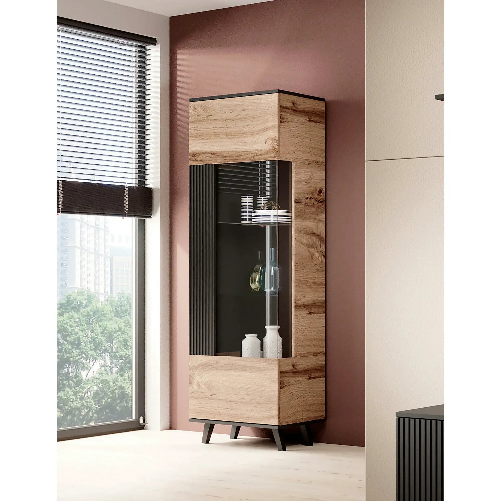 Vitrina RANDOM, stejar wotan/negru, PAL furniruit/polipropilena, 60x40x182 cm