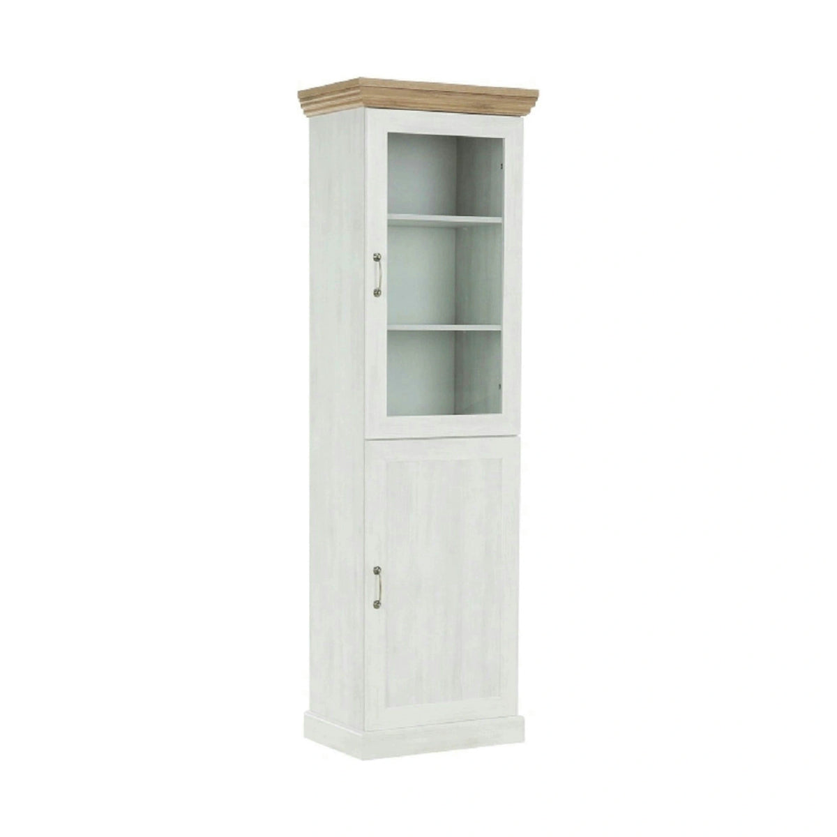 Vitrina ROYAL W1D, pin nordic/stejar salbatic, PAL melaminat/plinte decorative/metal, 57x39x187 cm