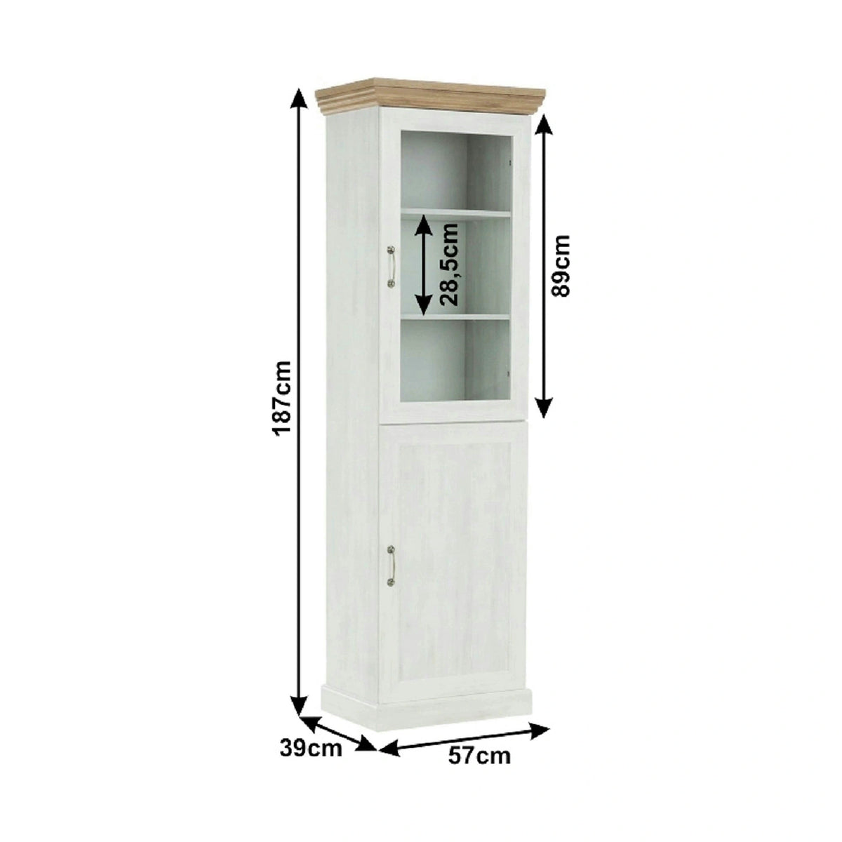 Vitrina ROYAL W1D, pin nordic/stejar salbatic, PAL melaminat/plinte decorative/metal, 57x39x187 cm